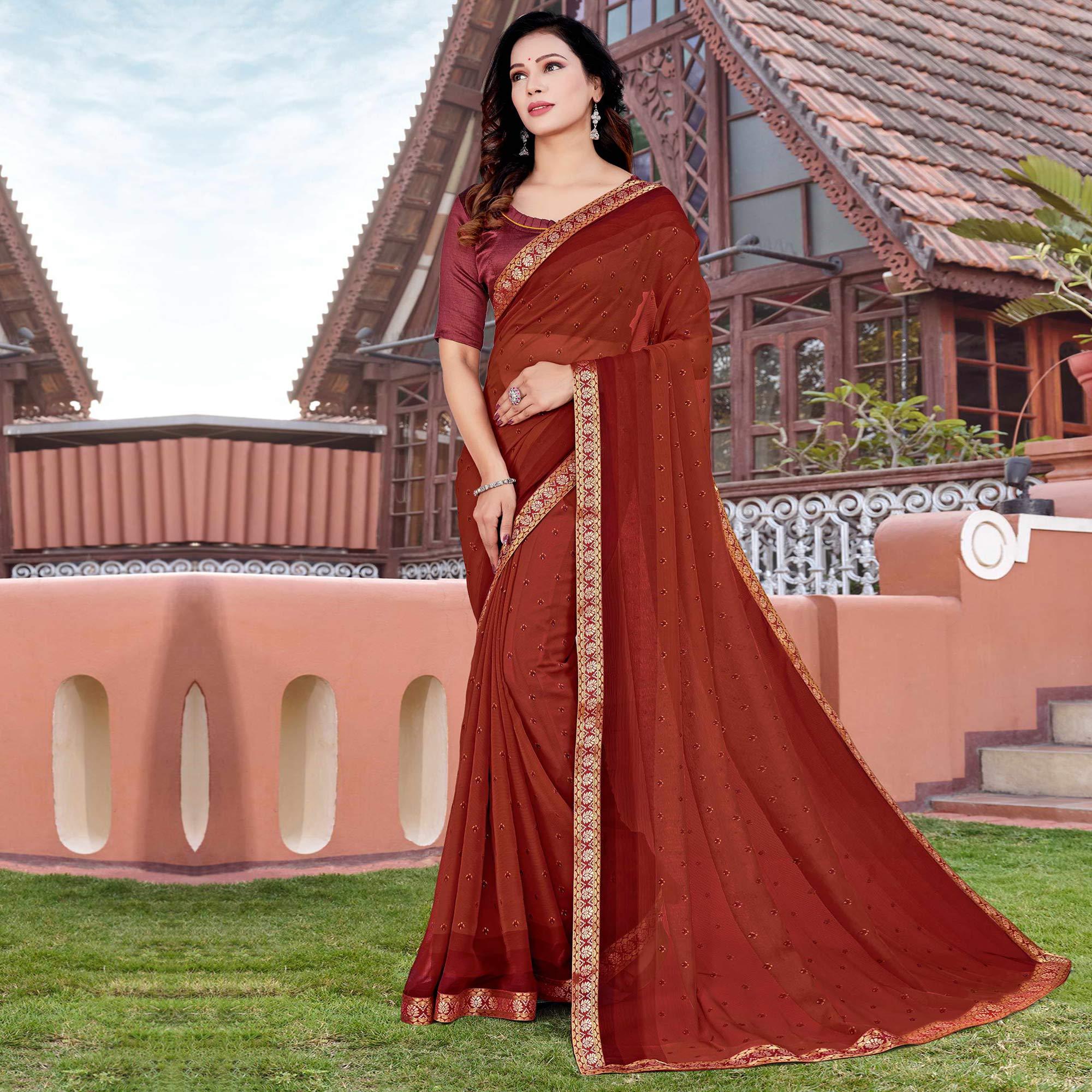 Rust Casual Wear Floral Printed Chiffon Saree - Peachmode