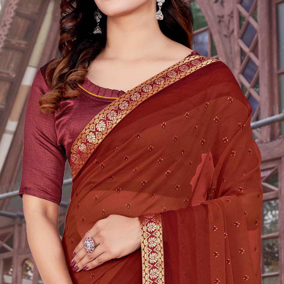 Rust Casual Wear Floral Printed Chiffon Saree - Peachmode
