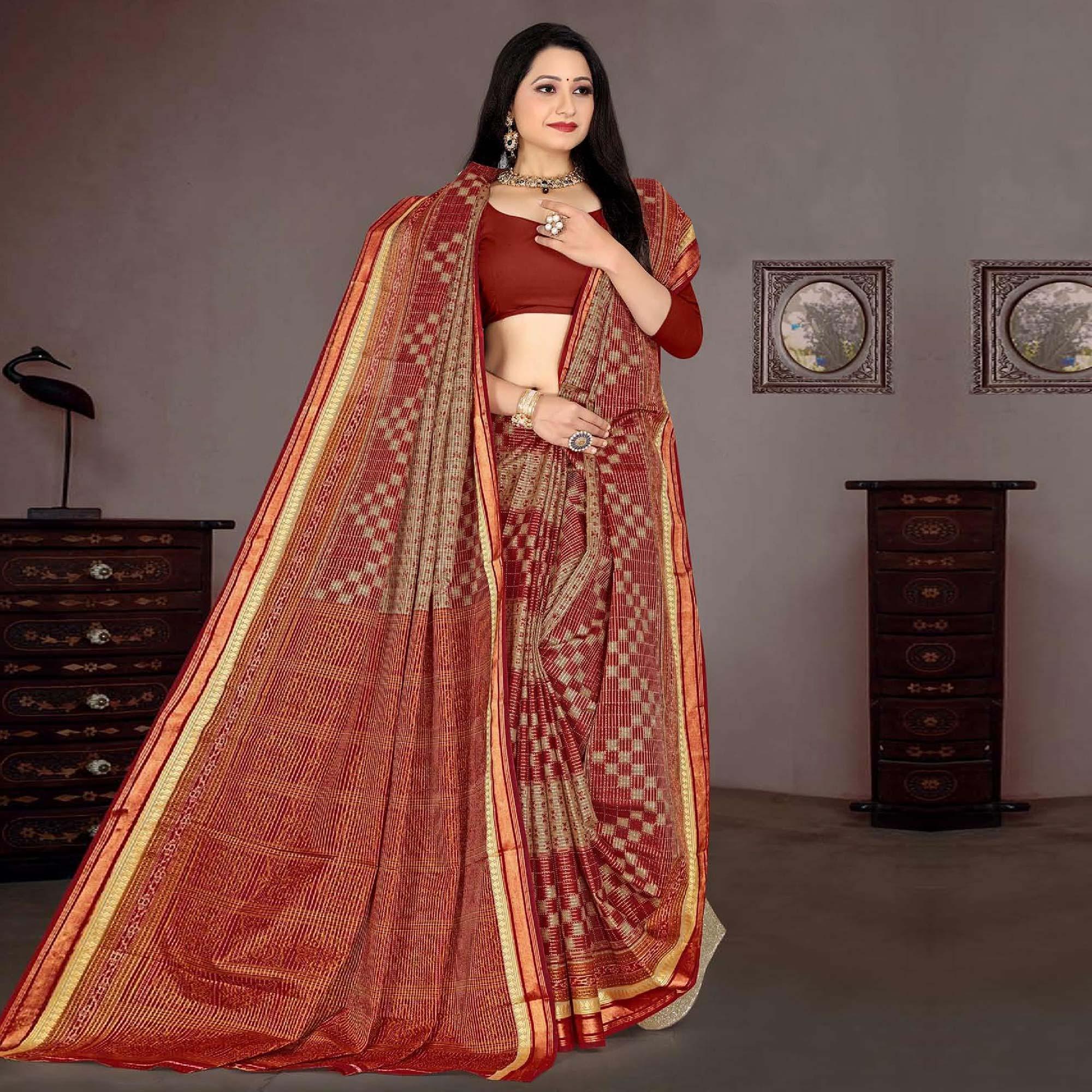 Rust Casual Wear Ikkat Printed Cotton Silk Saree - Peachmode