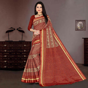 Rust Casual Wear Ikkat Printed Cotton Silk Saree - Peachmode