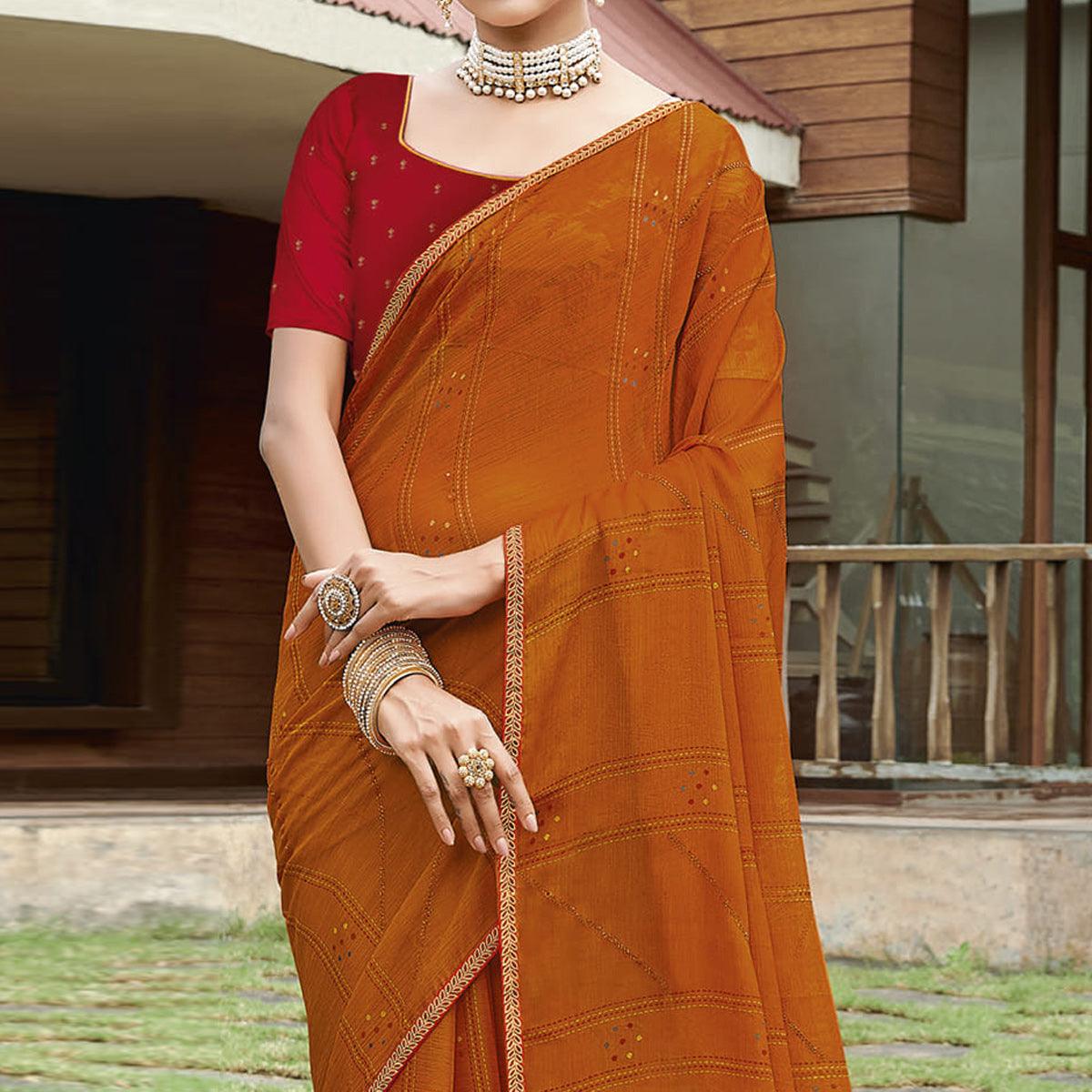 Rust Casual Wear Printed Chiffon Saree - Peachmode