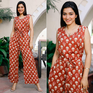 Rust Casual Wear Printed Cotton Jumpsuit - Peachmode