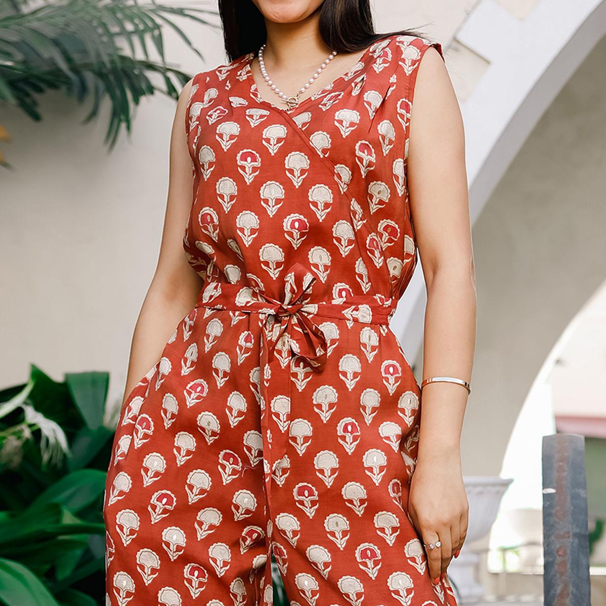 Rust Casual Wear Printed Cotton Jumpsuit - Peachmode