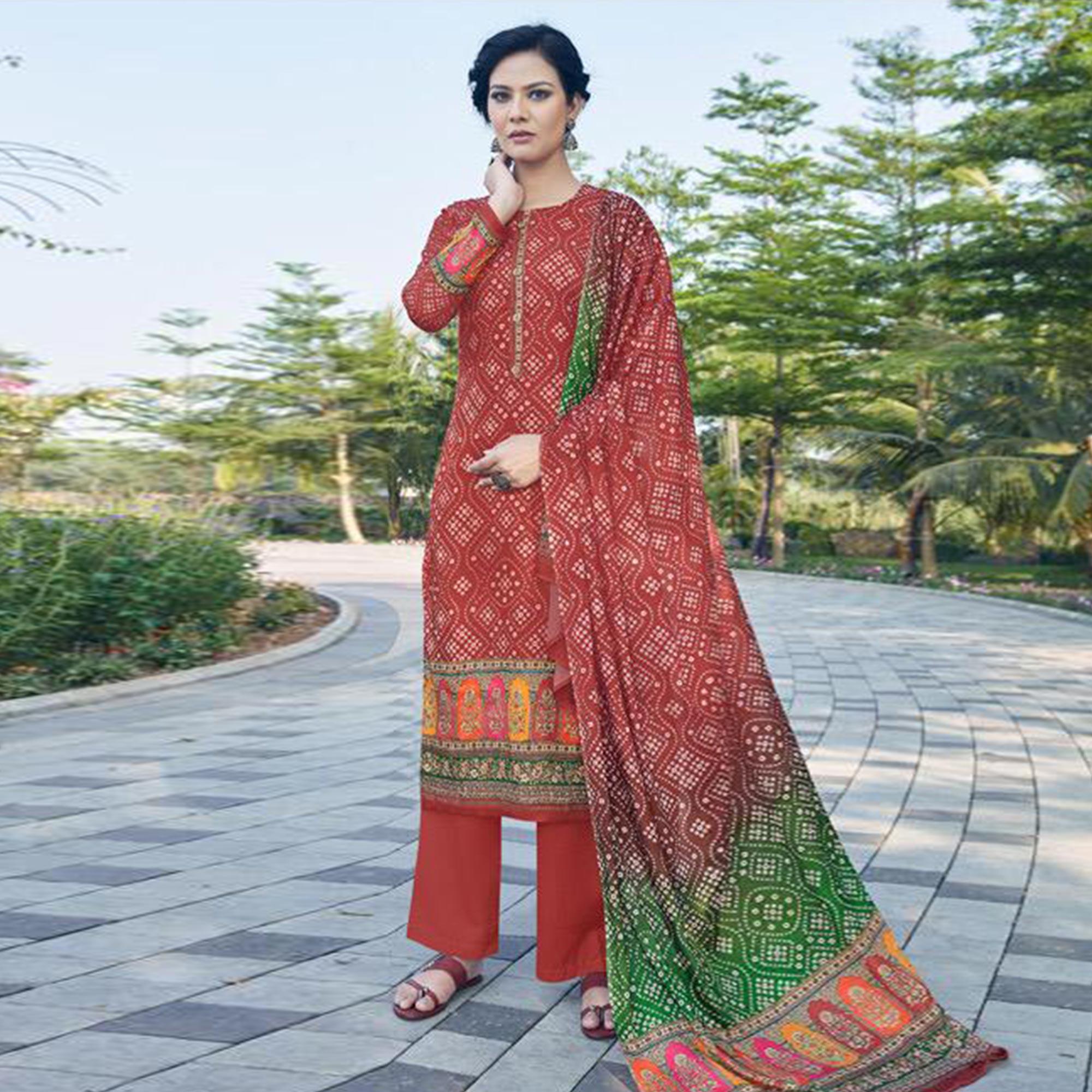 Rust Casual Wear Printed Jam Satin Suit - Peachmode