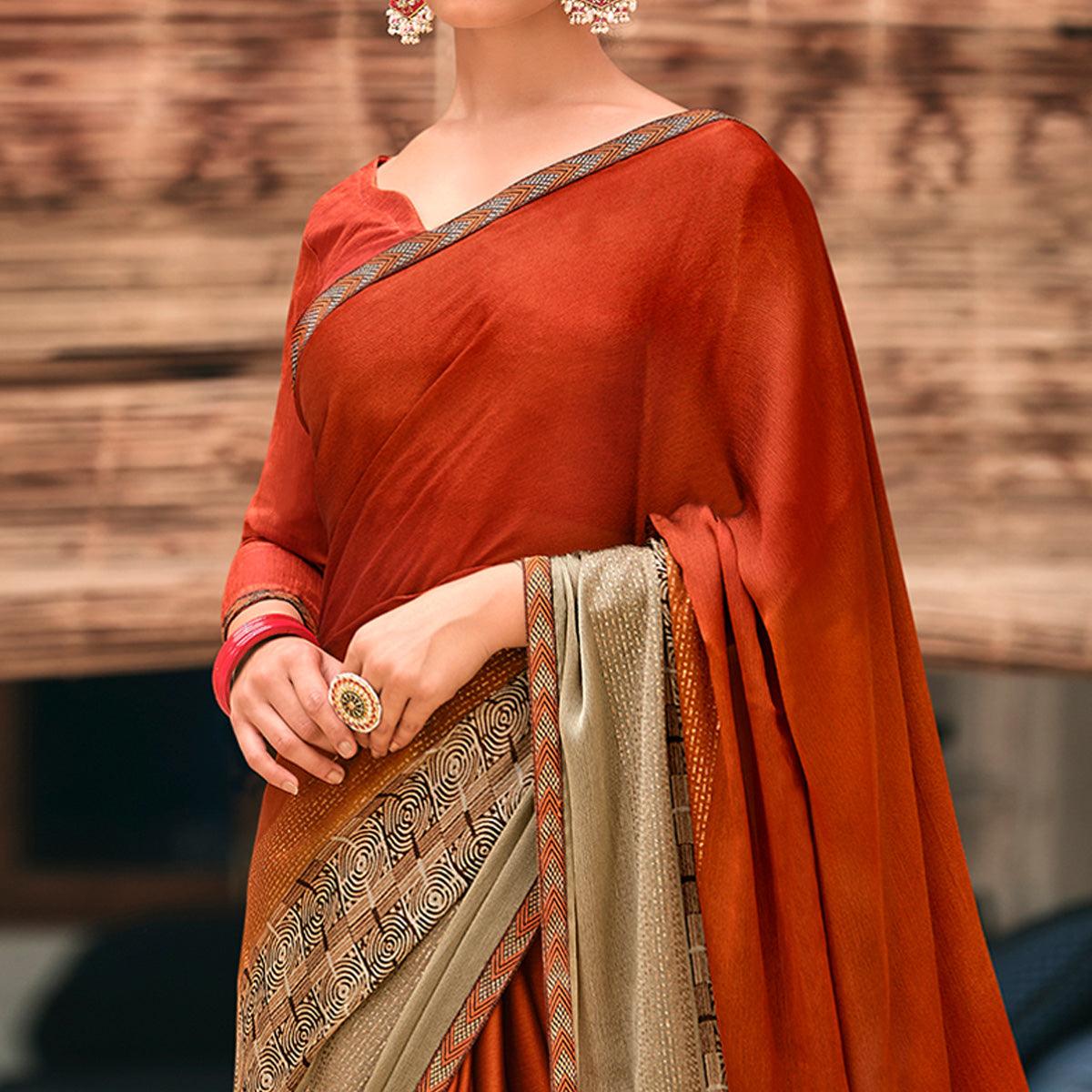 Rust Casual Wear Printed Moss Saree With Fancy Zari Border - Peachmode