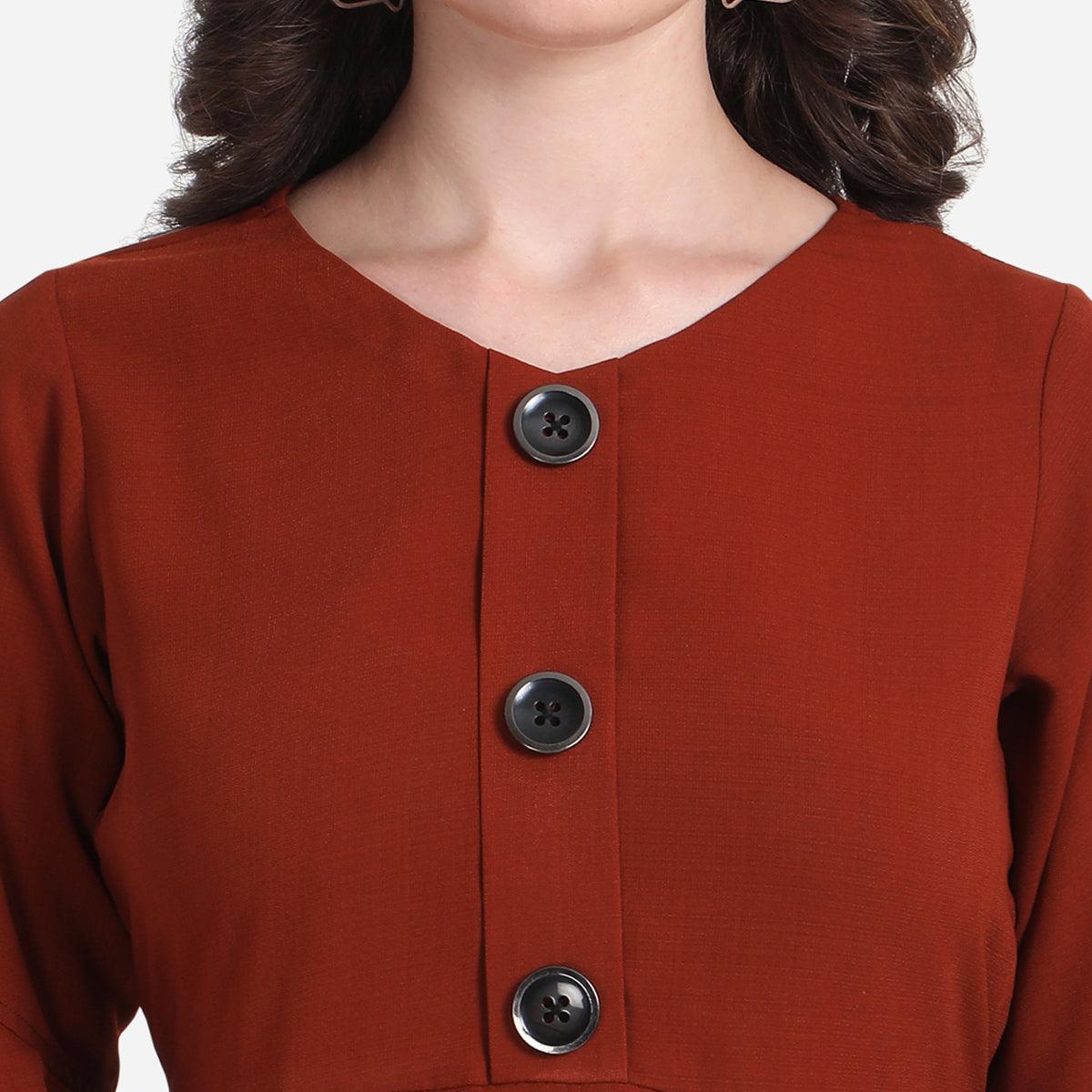 Rust Casual Wear Regular Ruffled Sleeve Front Button Georgette Top - Peachmode