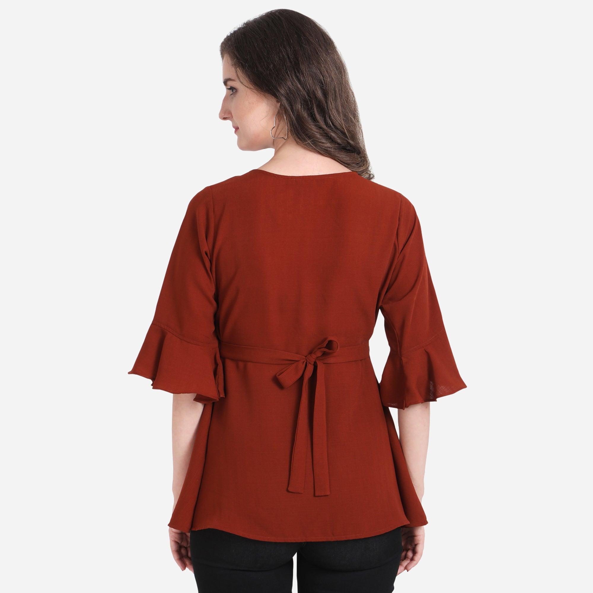 Rust Casual Wear Regular Ruffled Sleeve Front Button Georgette Top - Peachmode