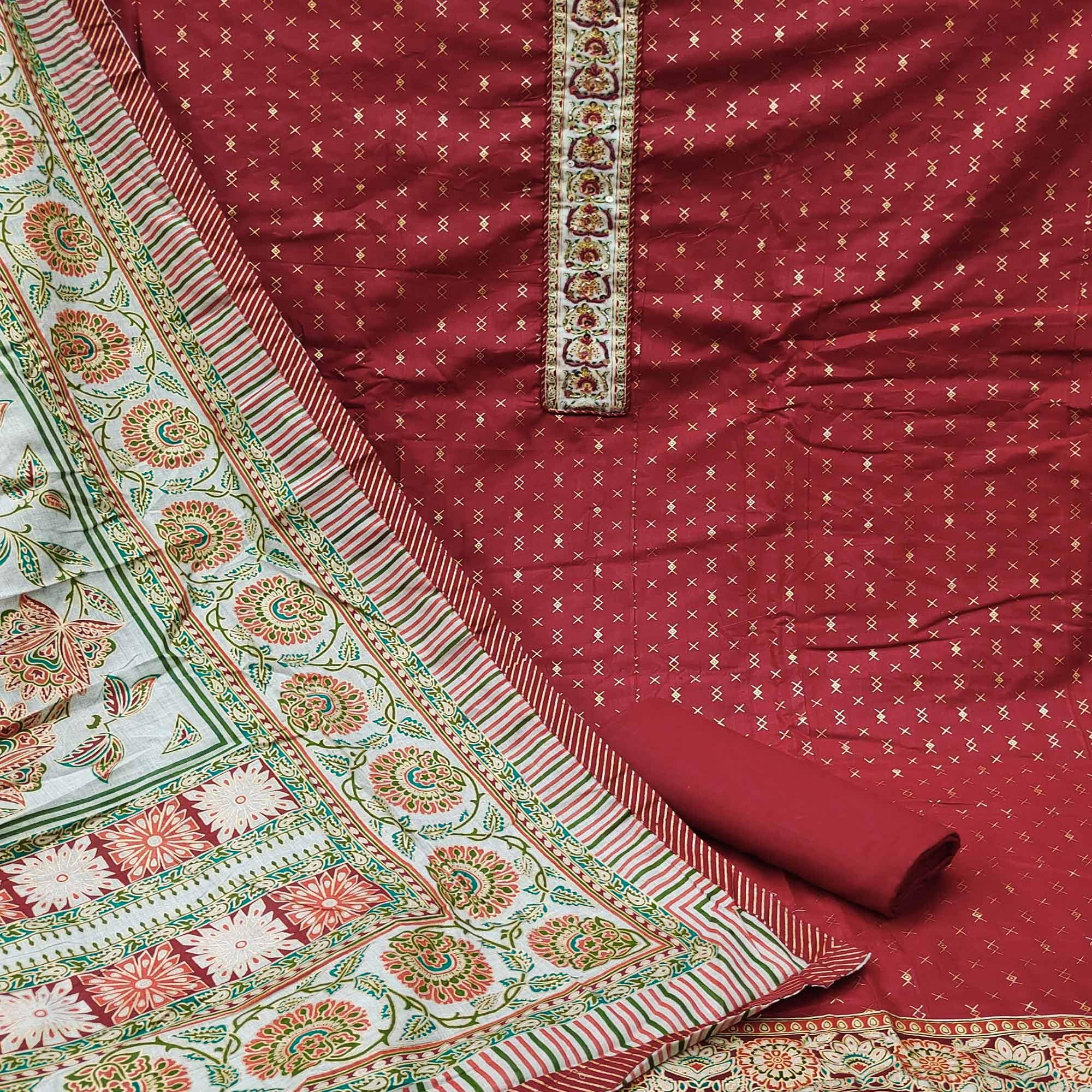 Rust Casual Wear Sequence Embroidered Cotton Dress Material - Peachmode