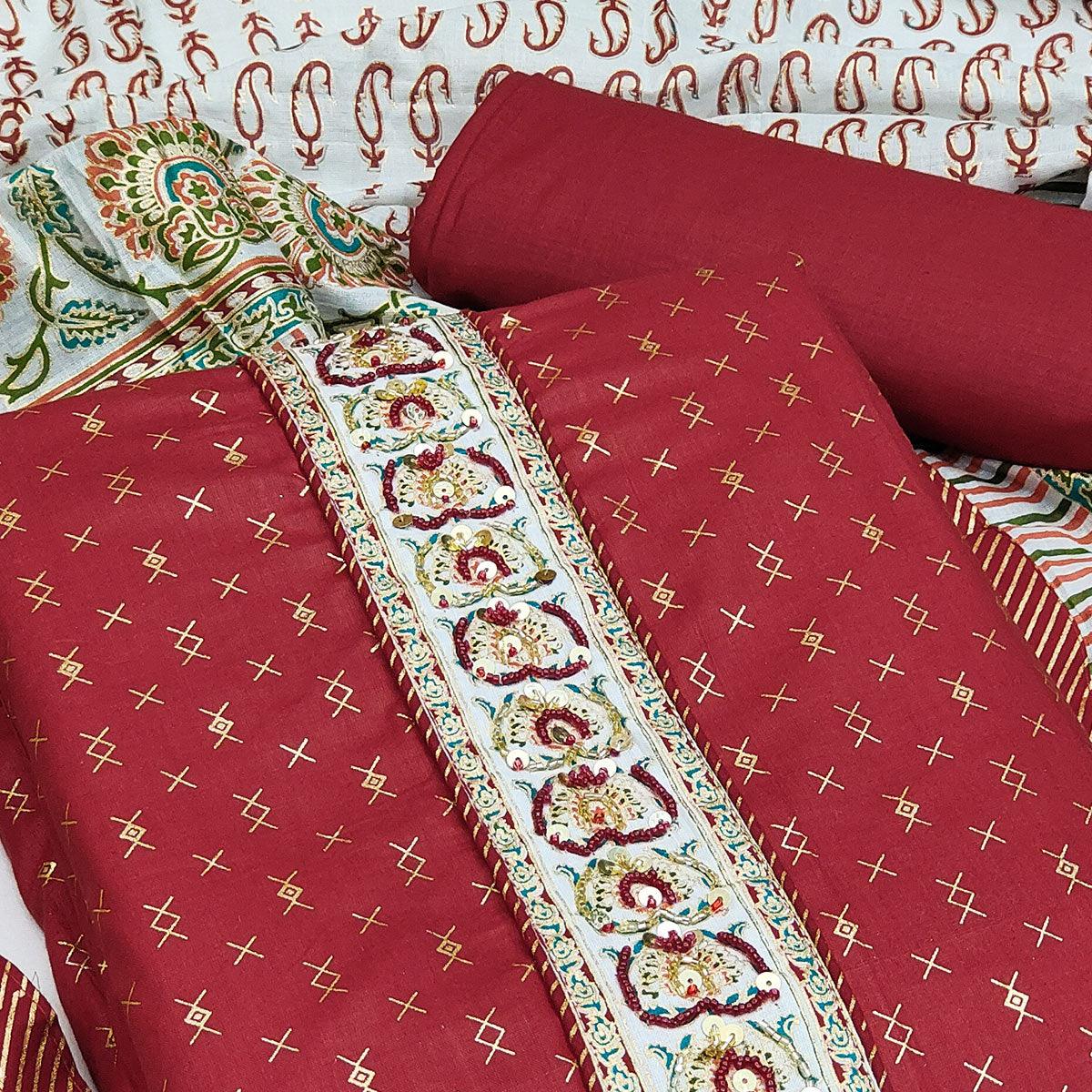 Rust Casual Wear Sequence Embroidered Cotton Dress Material - Peachmode