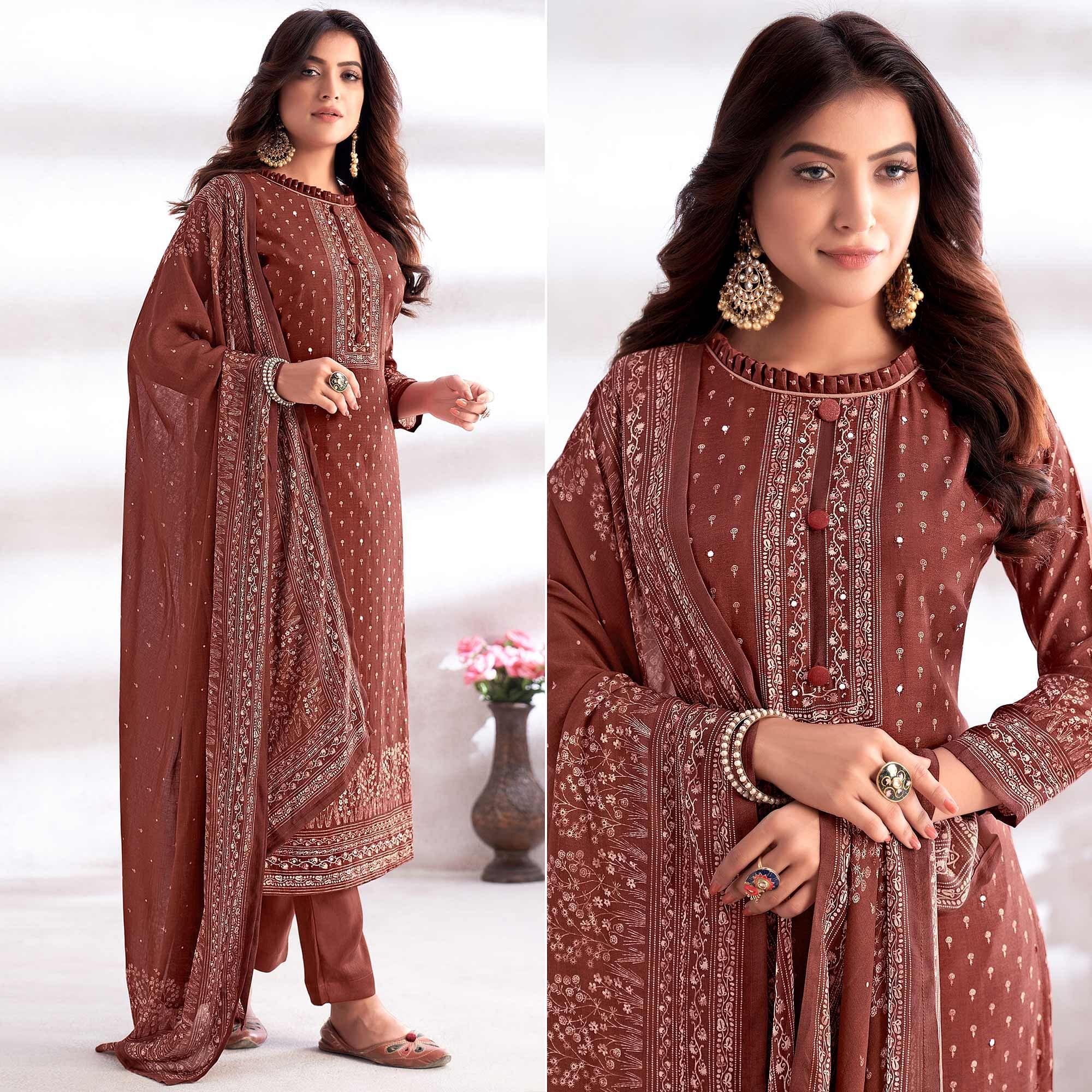 Rust Digital Printed & Hand Work Cotton Silk Suit - Peachmode