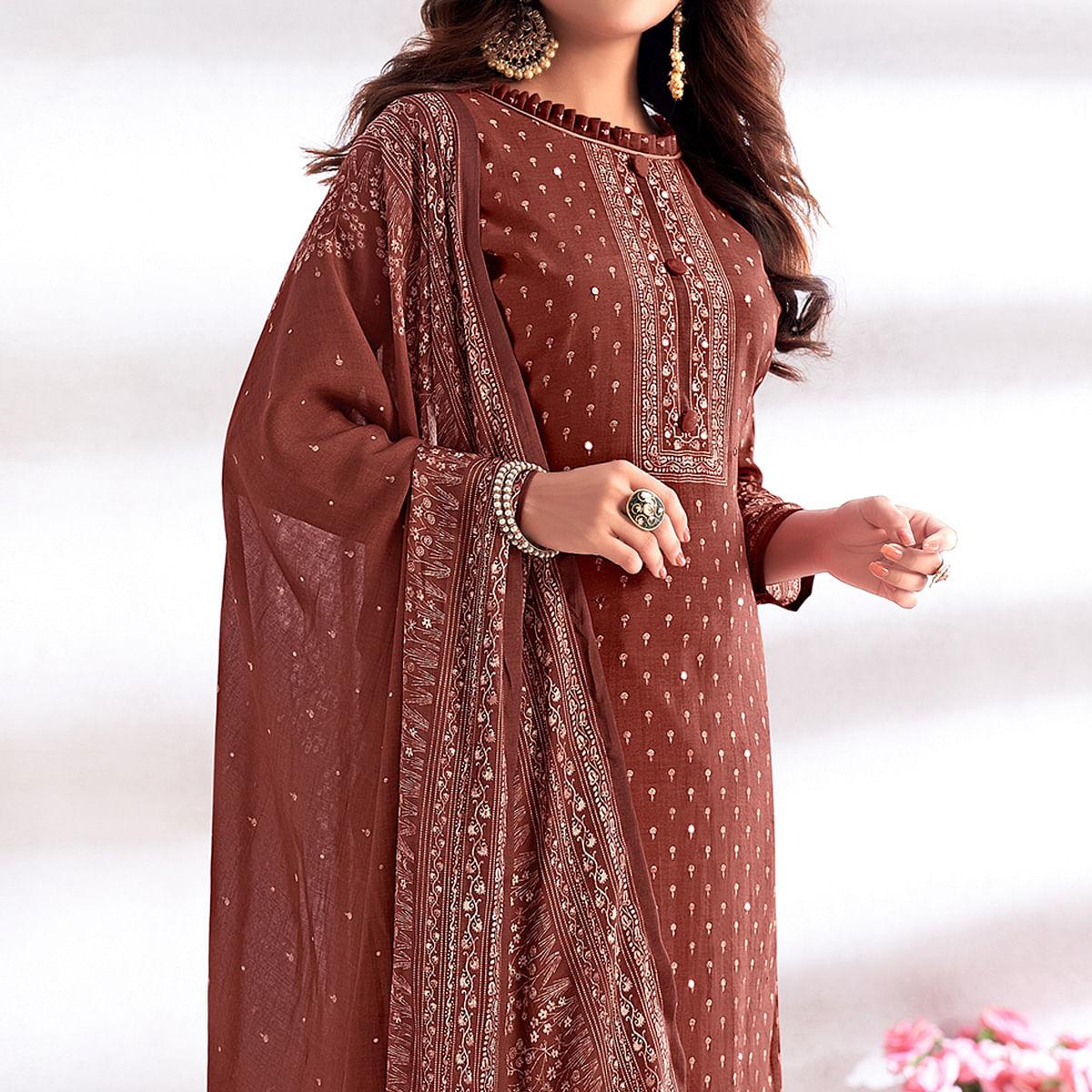 Rust Digital Printed & Hand Work Cotton Silk Suit - Peachmode