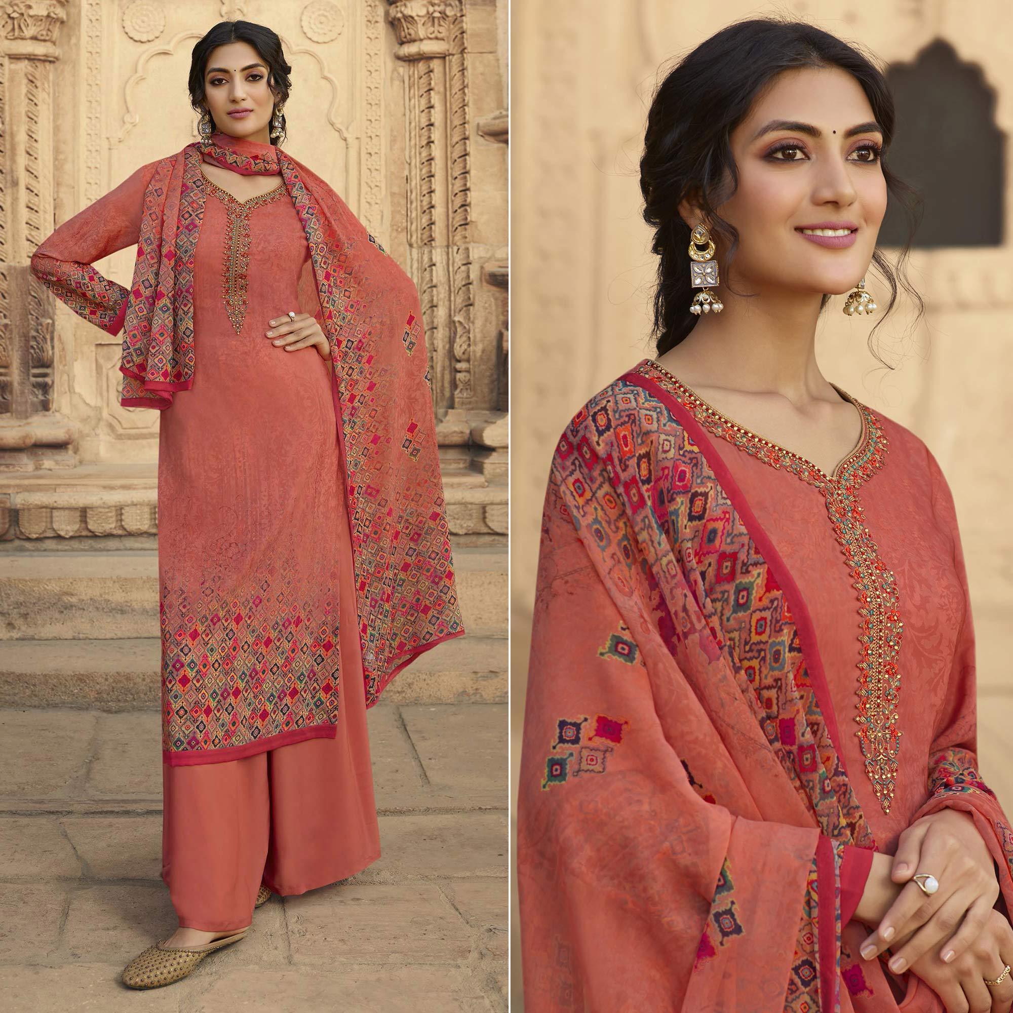 Rust Digital Printed Art Silk Palazzo Suit - Peachmode