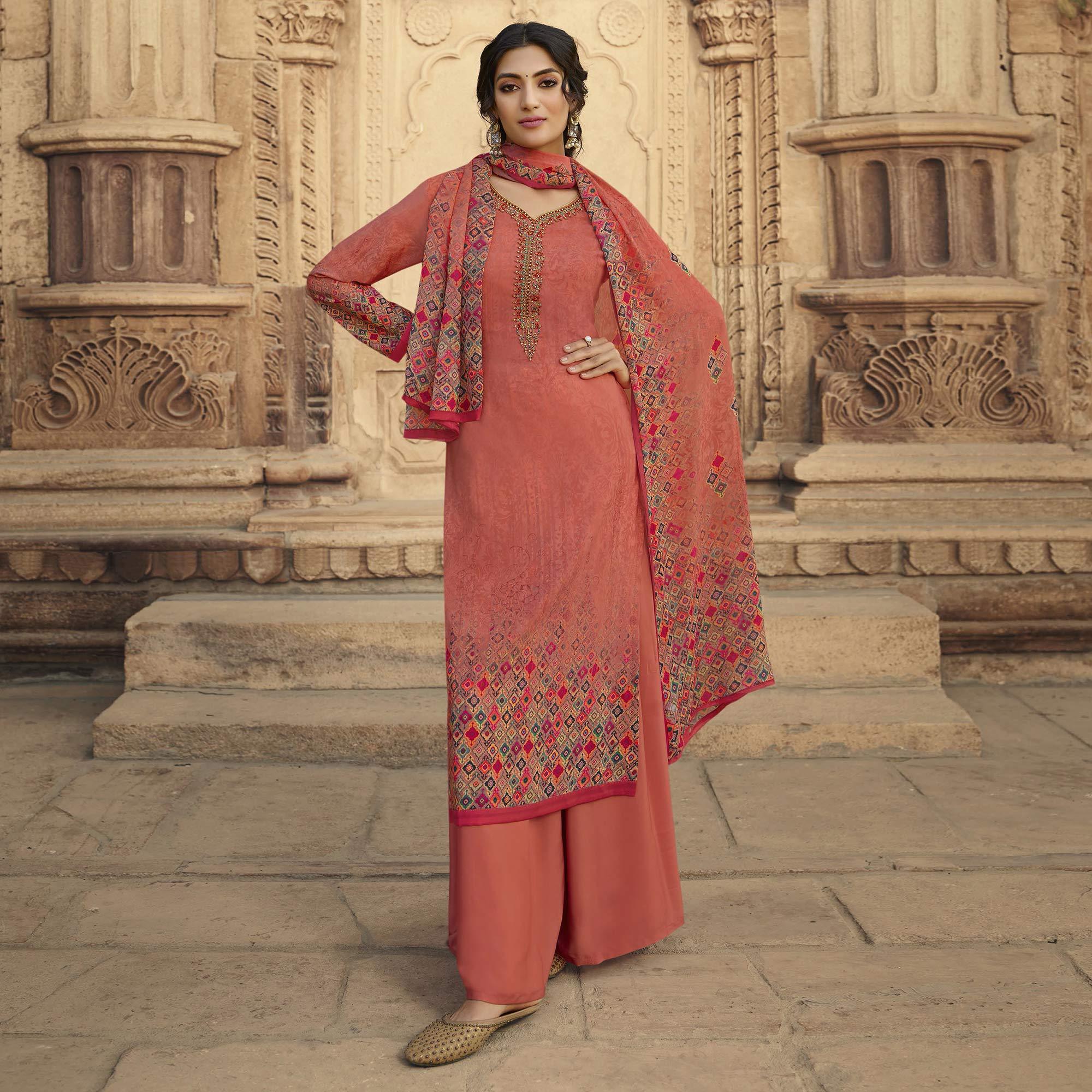 Rust Digital Printed Art Silk Palazzo Suit - Peachmode