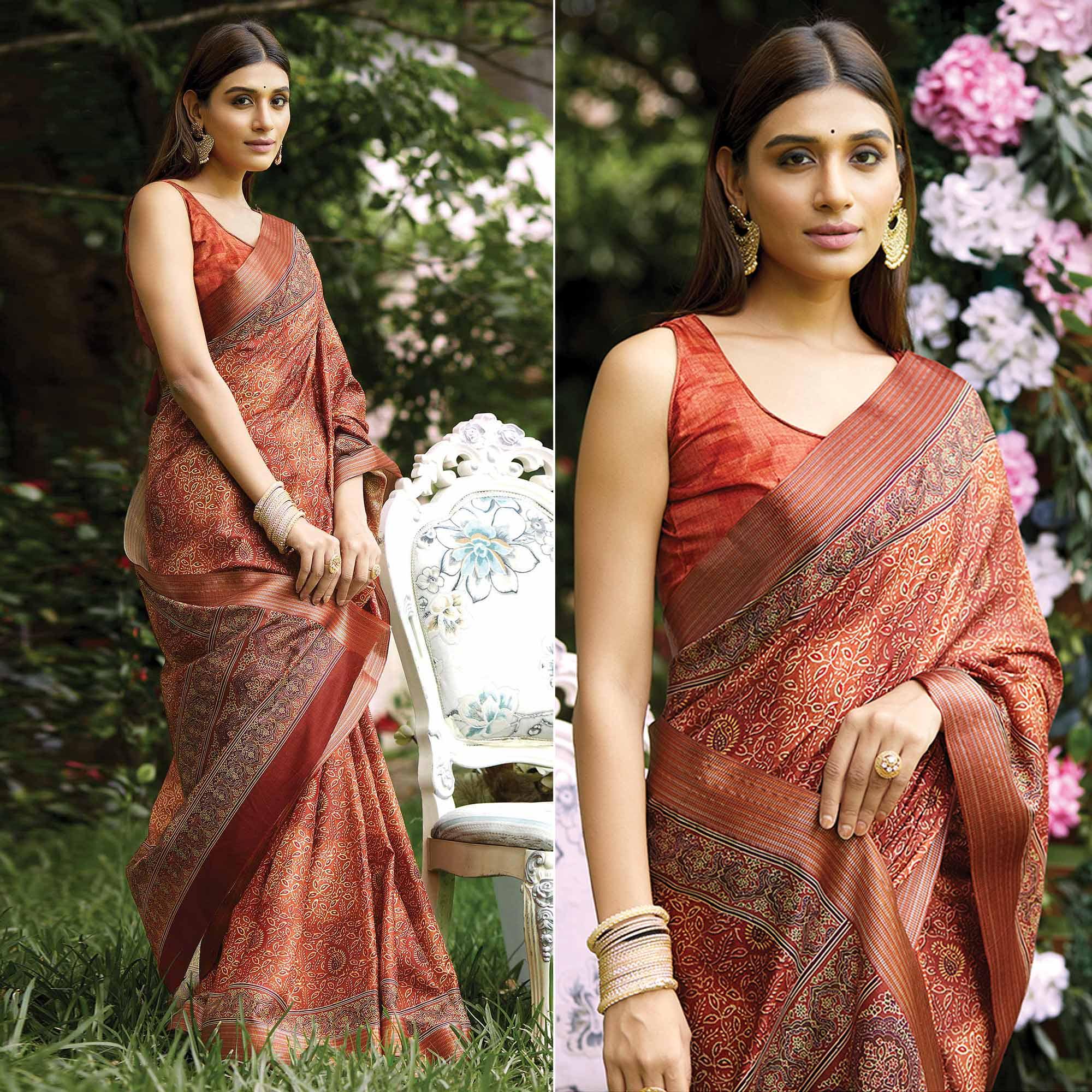 Rust Digital Printed Art Silk Saree - Peachmode