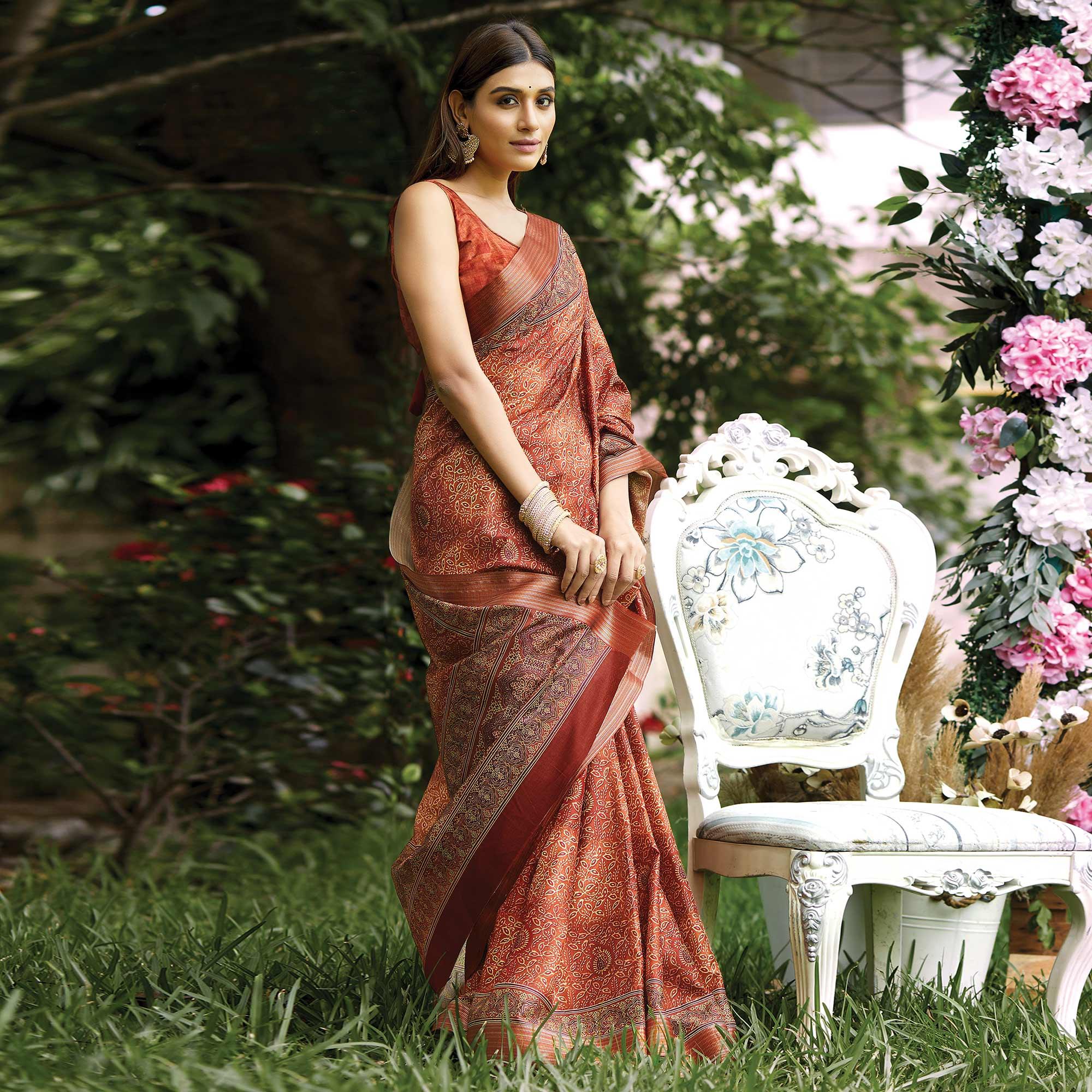 Rust Digital Printed Art Silk Saree - Peachmode