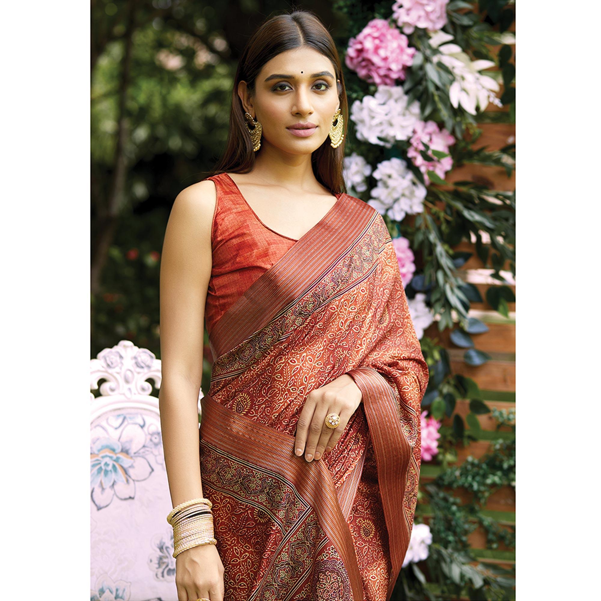 Rust Digital Printed Art Silk Saree - Peachmode