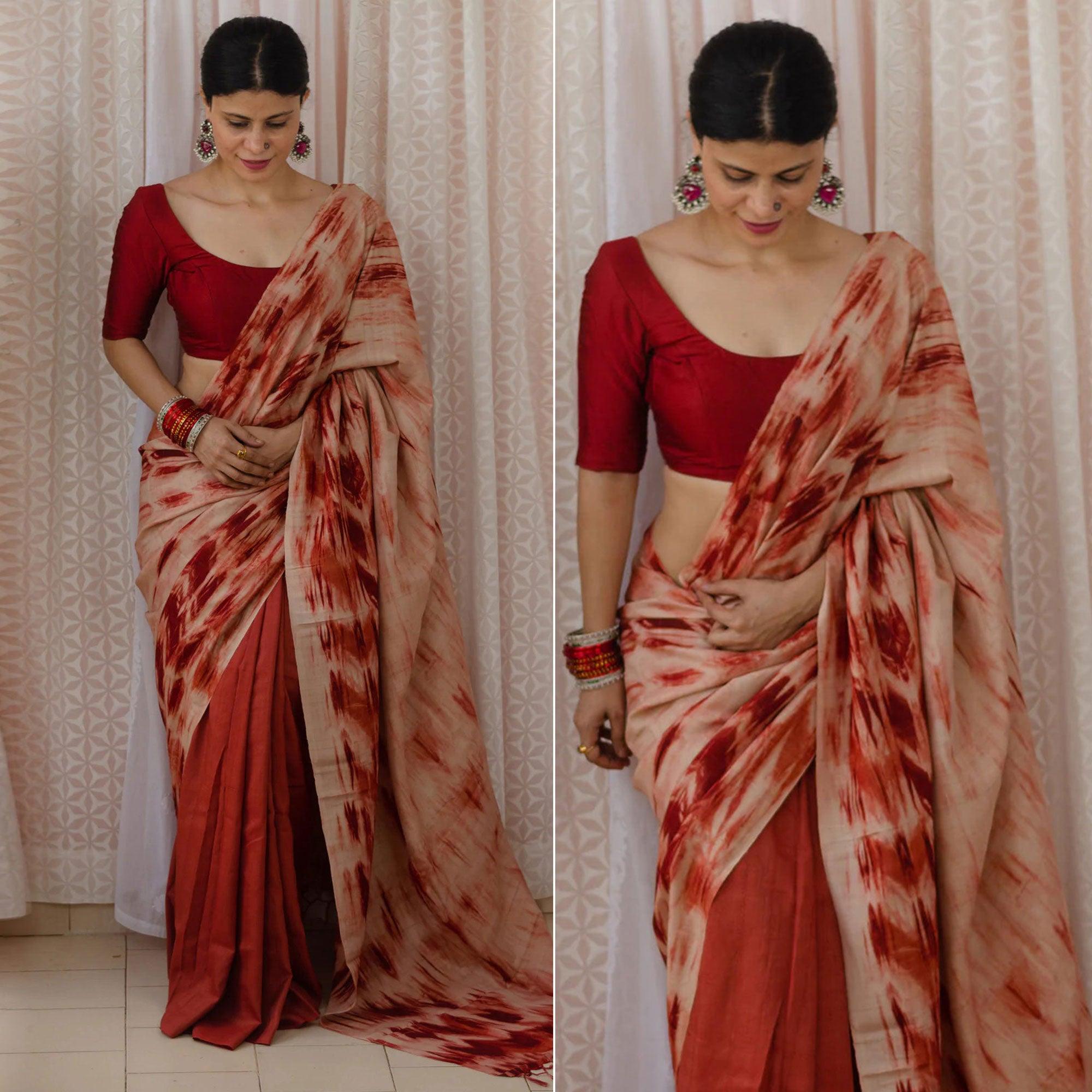 Rust Digital Printed Linen Half and Half Saree - Peachmode