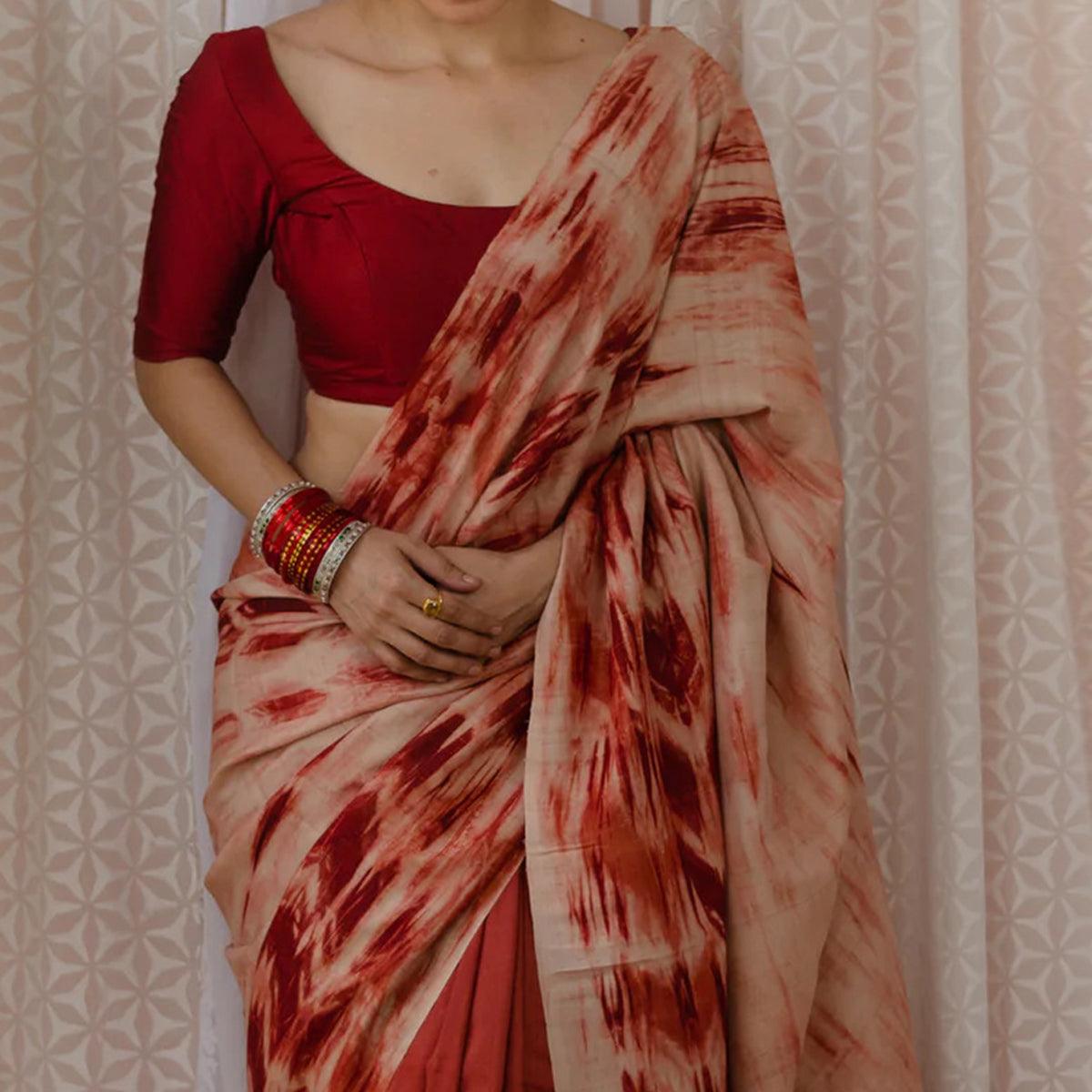 Rust Digital Printed Linen Half and Half Saree - Peachmode