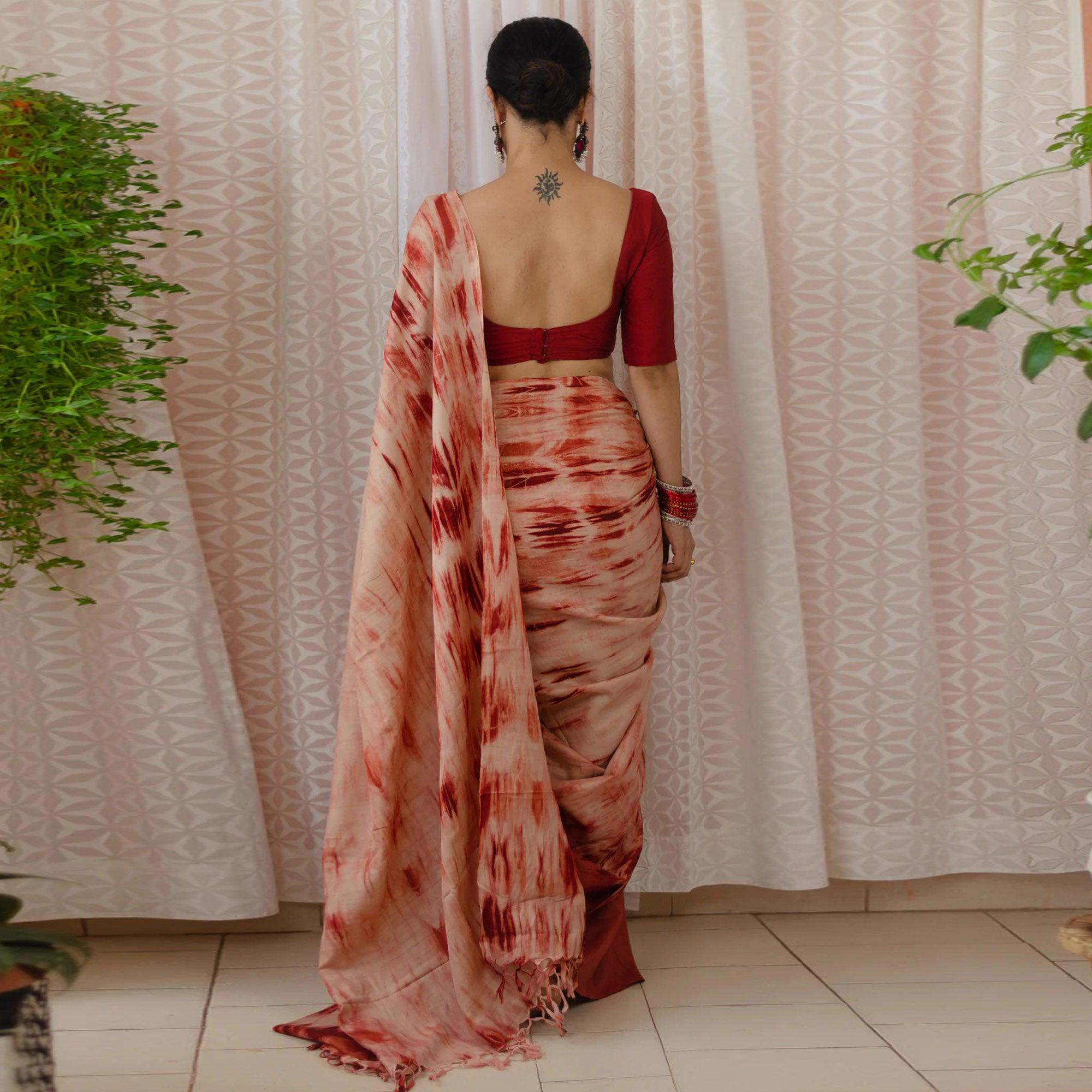 Rust Digital Printed Linen Half and Half Saree - Peachmode