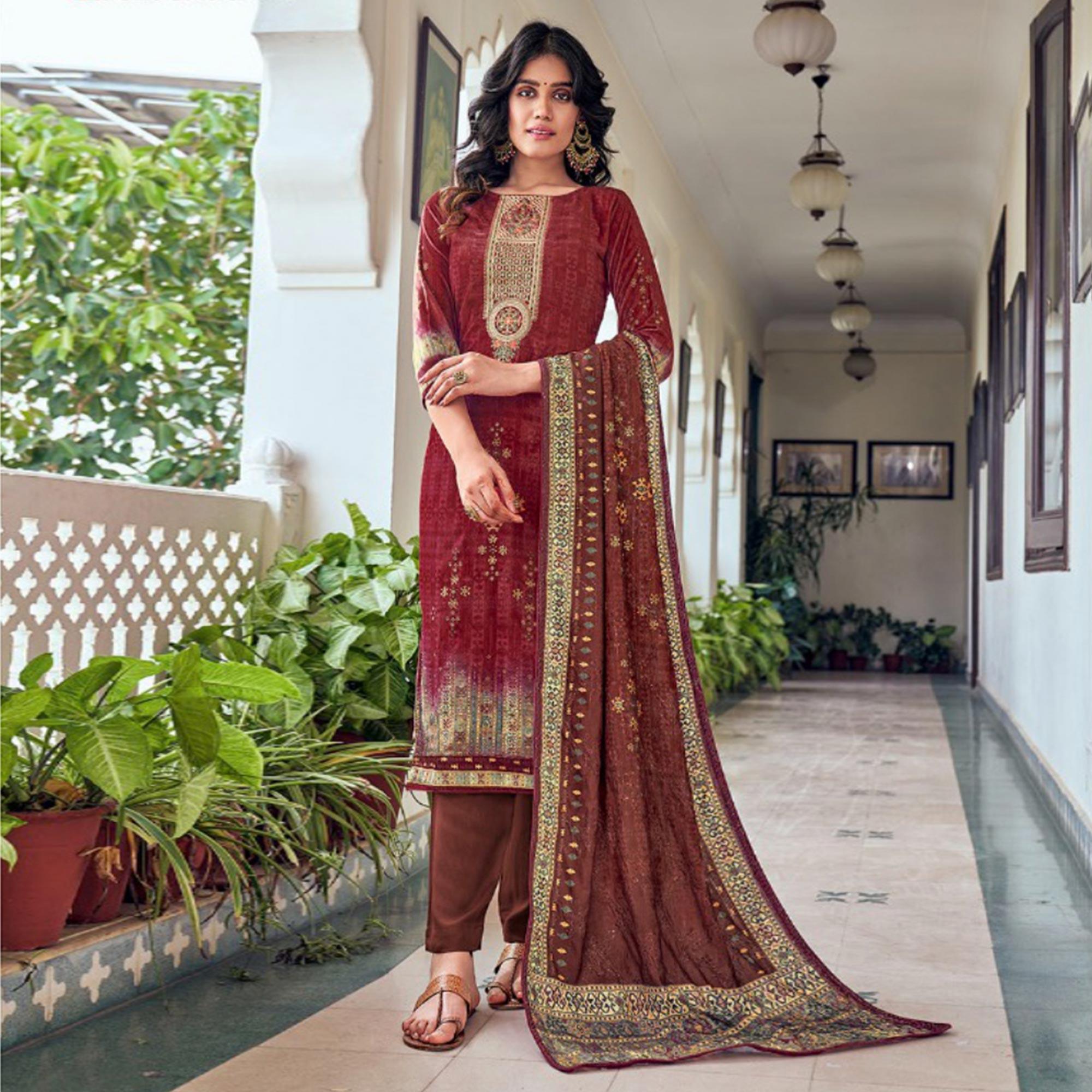 Rust Digital Printed With Embroidered Velvet Salwar Suit - Peachmode