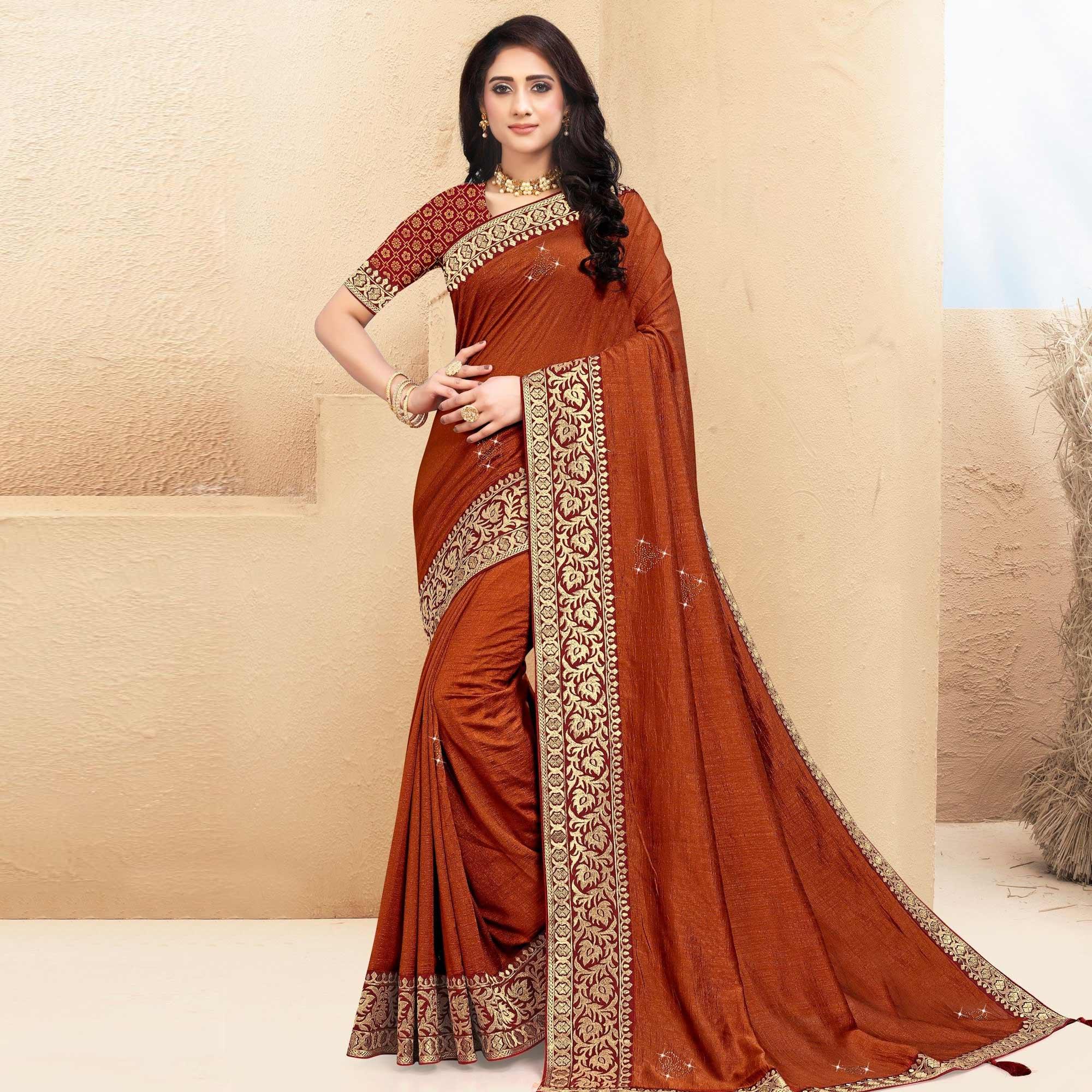 Rust Embellished Vichitra Silk Saree - Peachmode