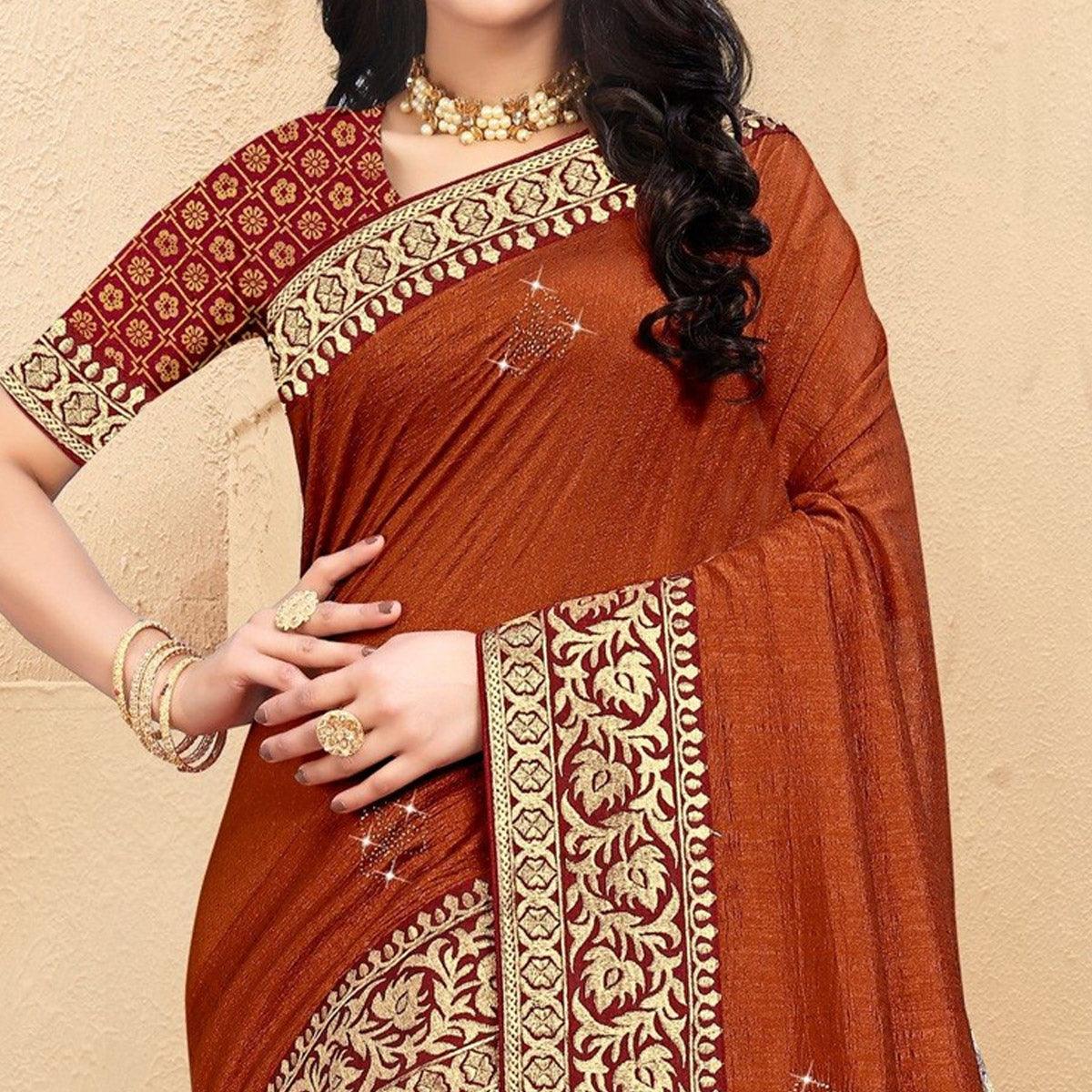Rust Embellished Vichitra Silk Saree - Peachmode