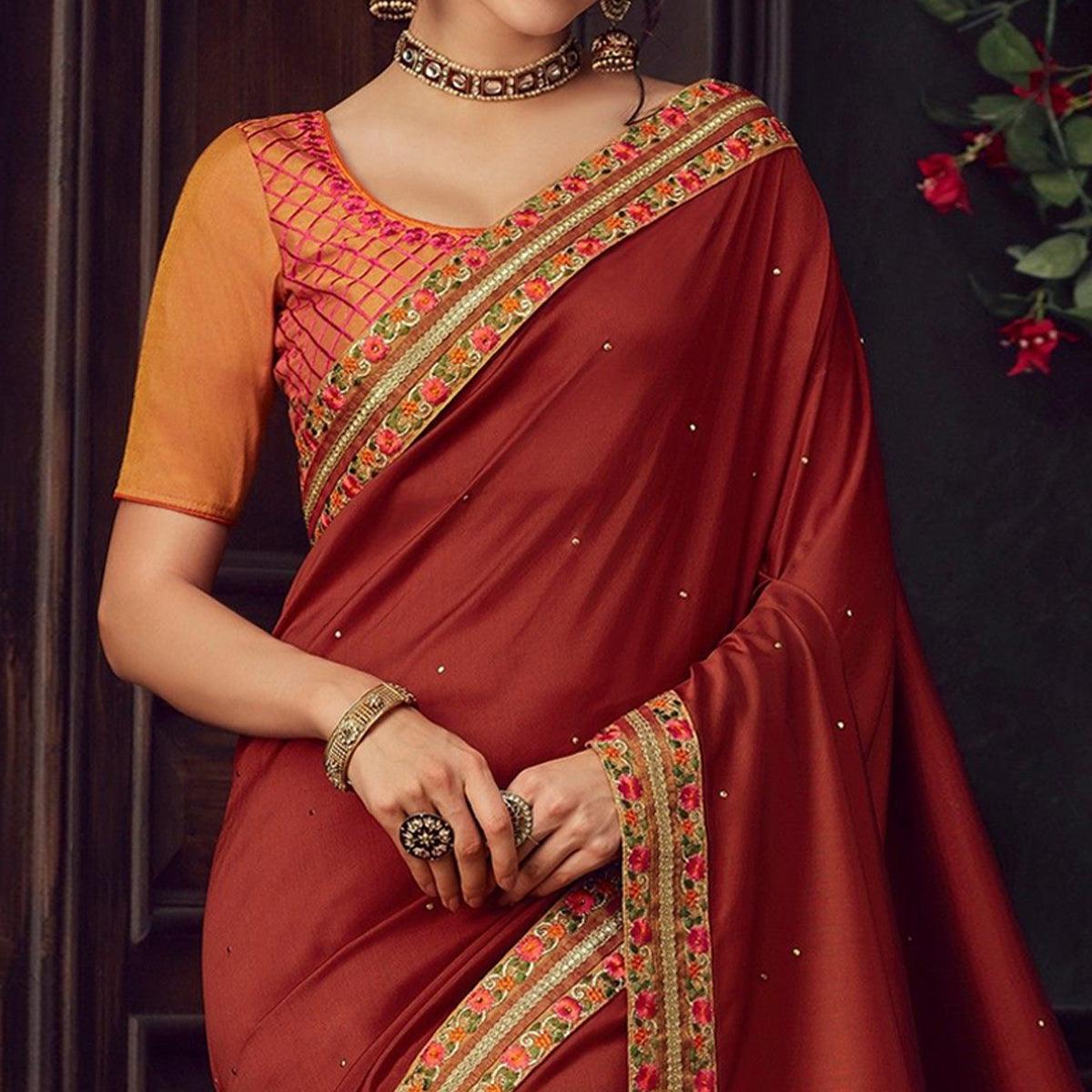Rust Embellished With Embroidered Art Silk Saree - Peachmode