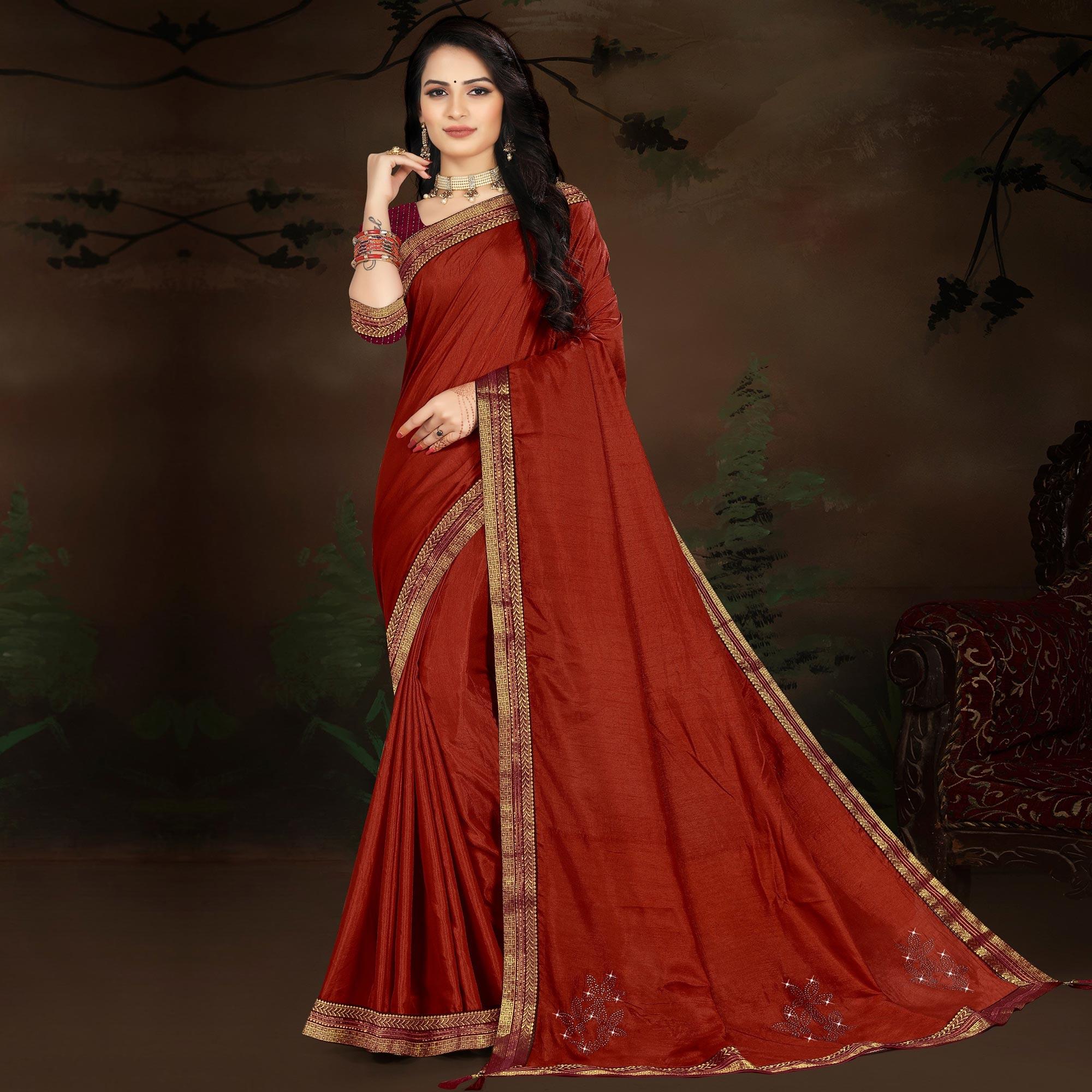 Rust Embellished With Embroidered Vichitra Silk Saree - Peachmode