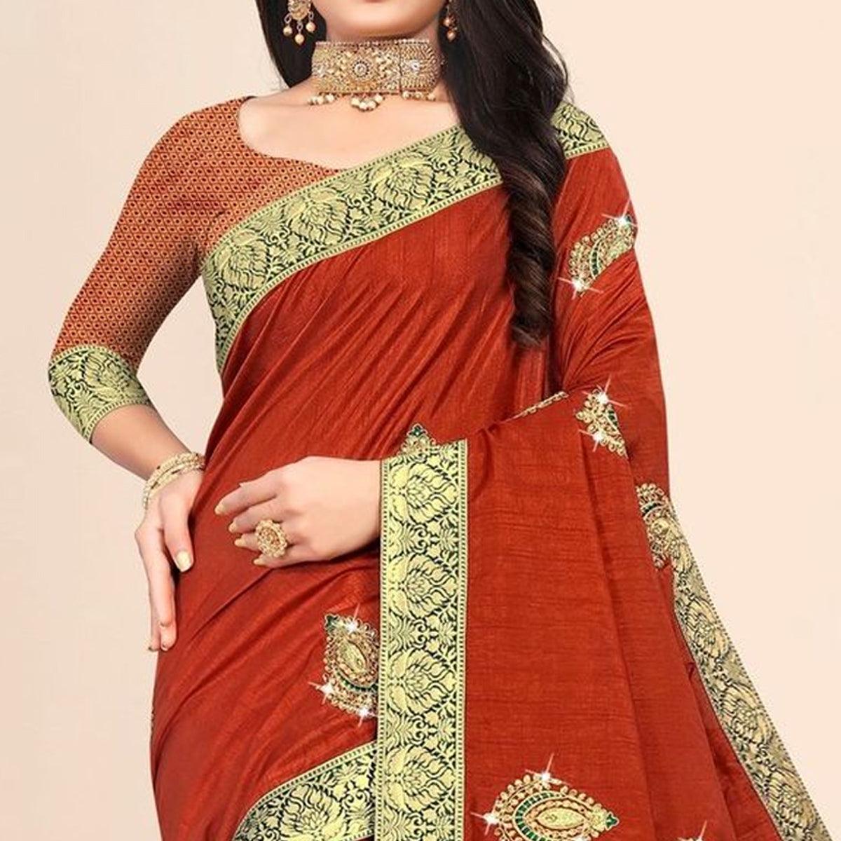 Rust Embellished With Embroidered Vichitra Silk Saree - Peachmode
