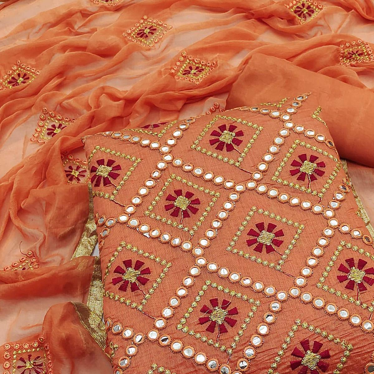 Rust Embroidered Chanderi Dress Material - Peachmode