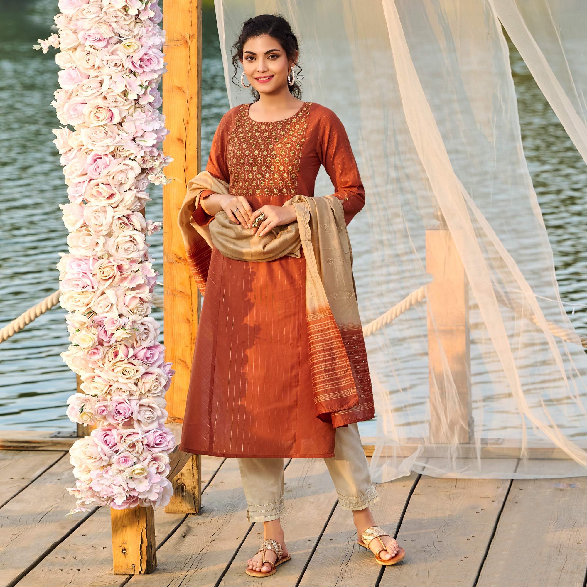 Rust Embroidered Pure Cotton Kurti Pant Set With Dupatta - Peachmode