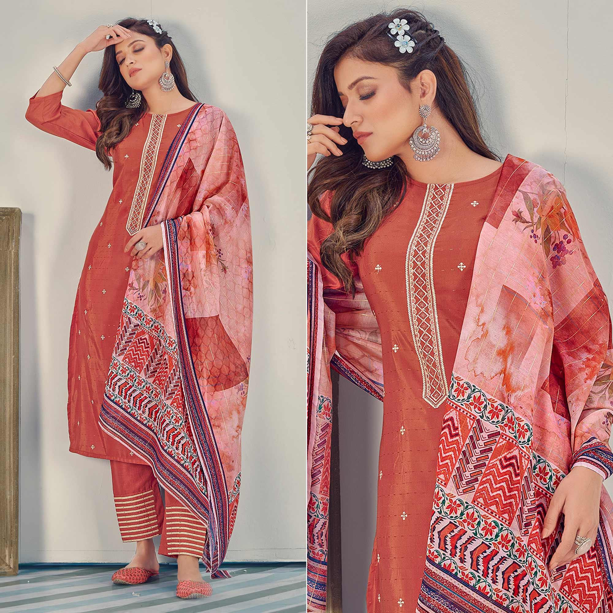 Rust Embroidered With Embellished Chiffon Kurti Pant Set With Dupatta - Peachmode