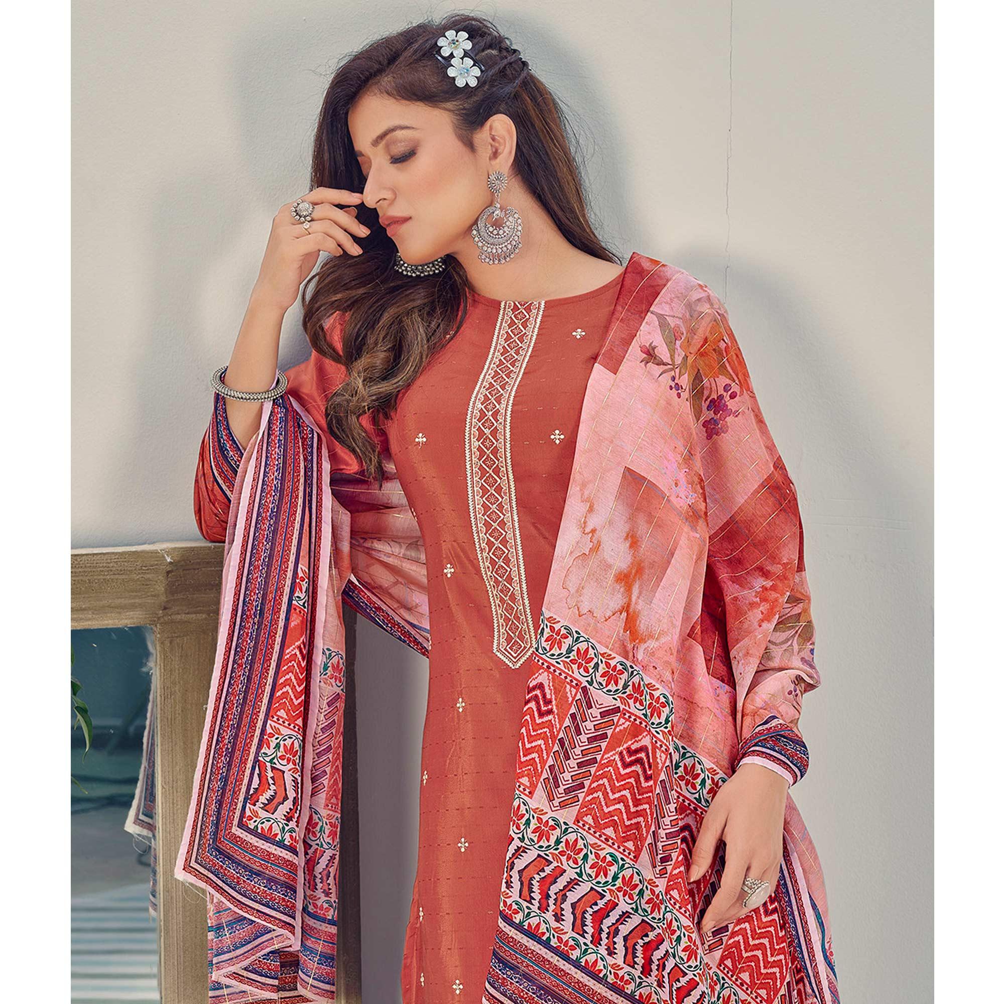 Rust Embroidered With Embellished Chiffon Kurti Pant Set With Dupatta - Peachmode