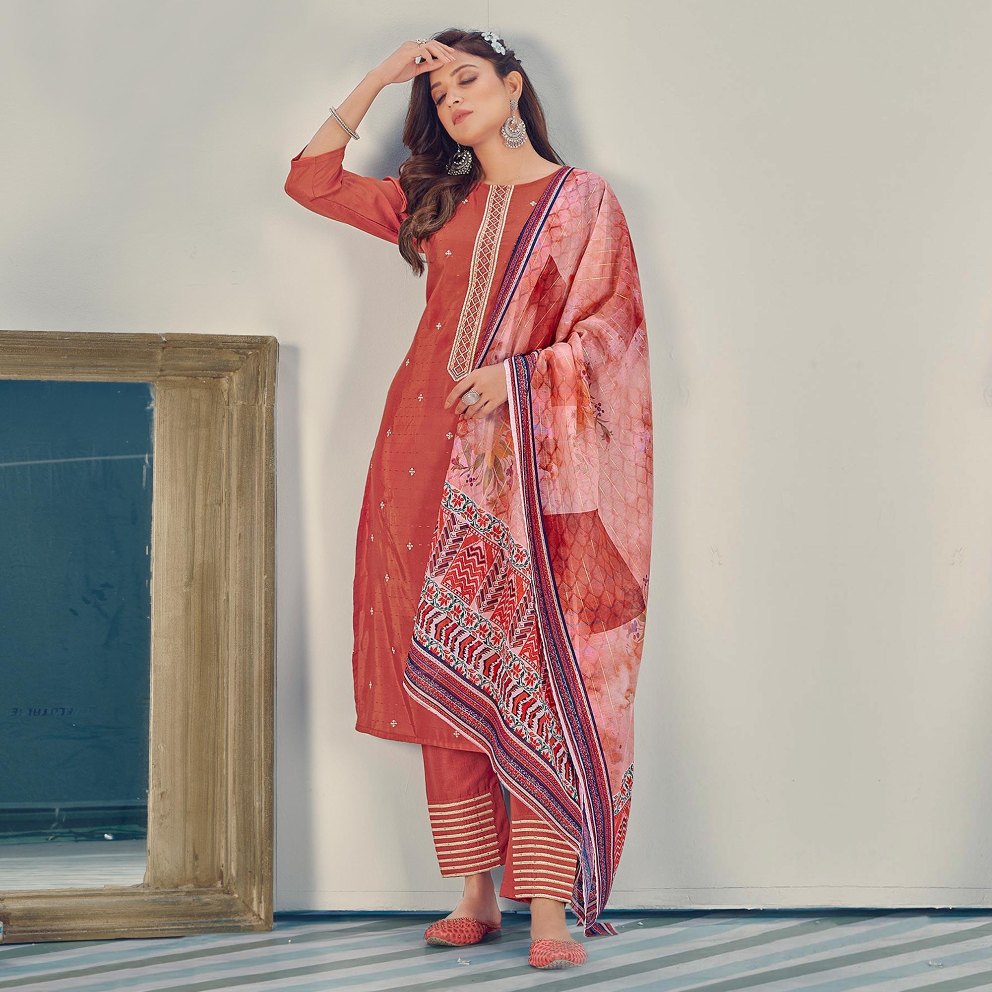 Rust Embroidered With Embellished Chiffon Kurti Pant Set With Dupatta - Peachmode
