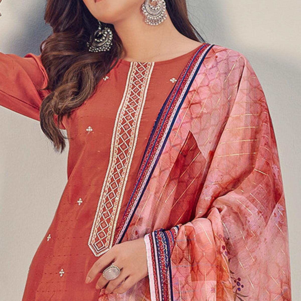 Rust Embroidered With Embellished Chiffon Kurti Pant Set With Dupatta - Peachmode