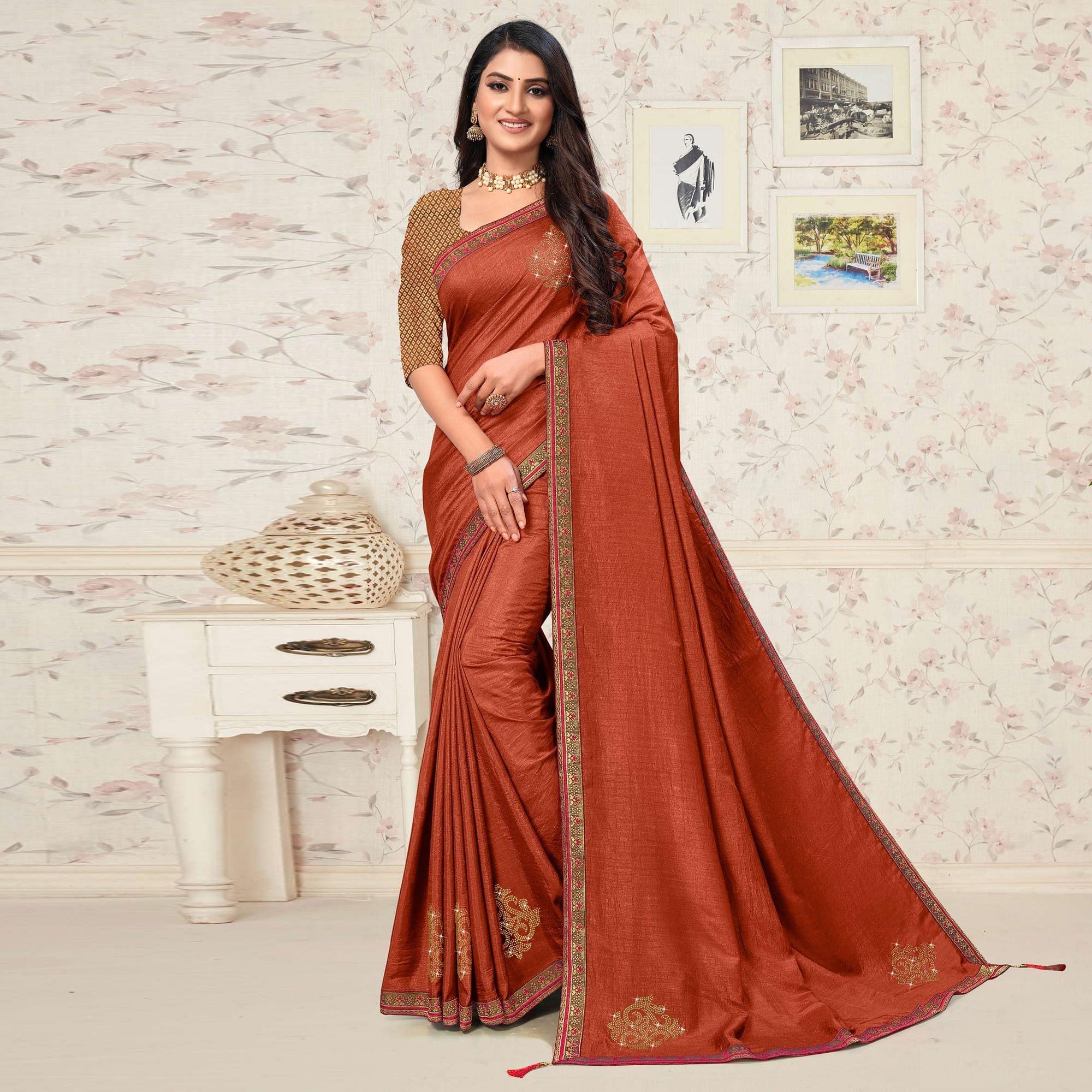 Rust Festive Wear Embellished Vichitra Silk Saree - Peachmode