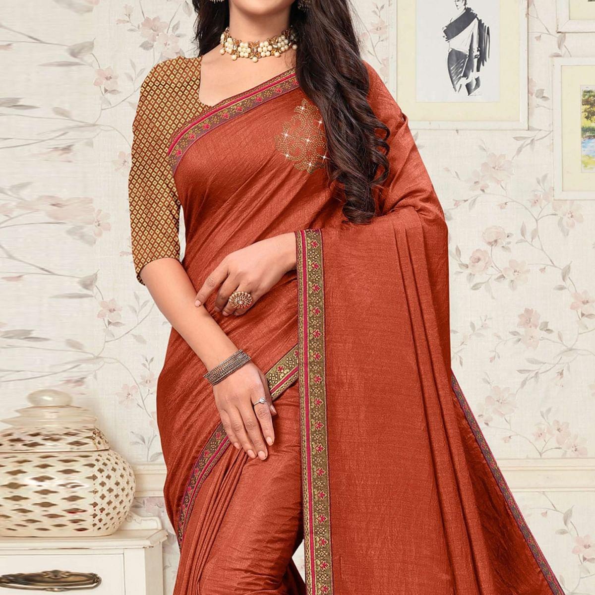 Rust Festive Wear Embellished Vichitra Silk Saree - Peachmode