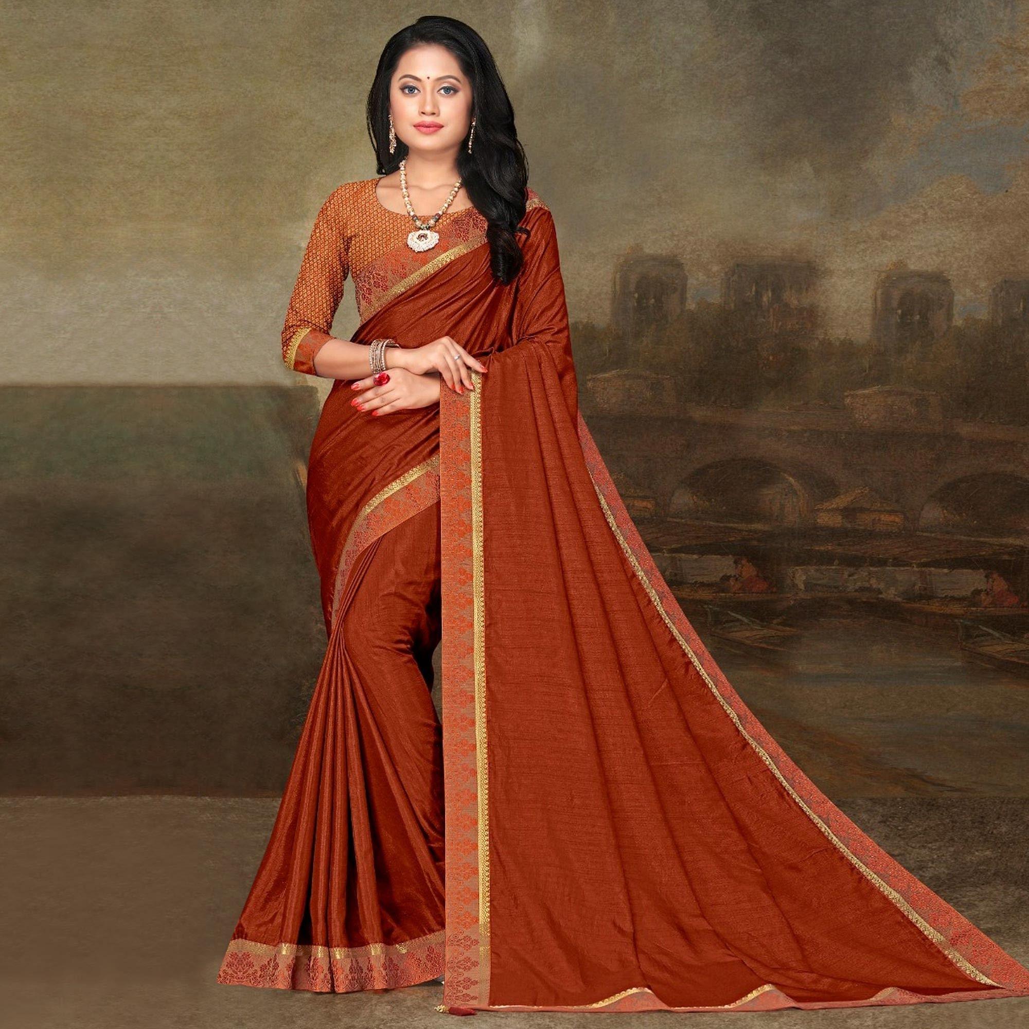 Rust Festive Wear Lace Work Silk Saree - Peachmode