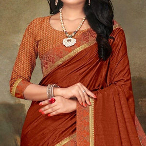 Rust Festive Wear Lace Work Silk Saree - Peachmode