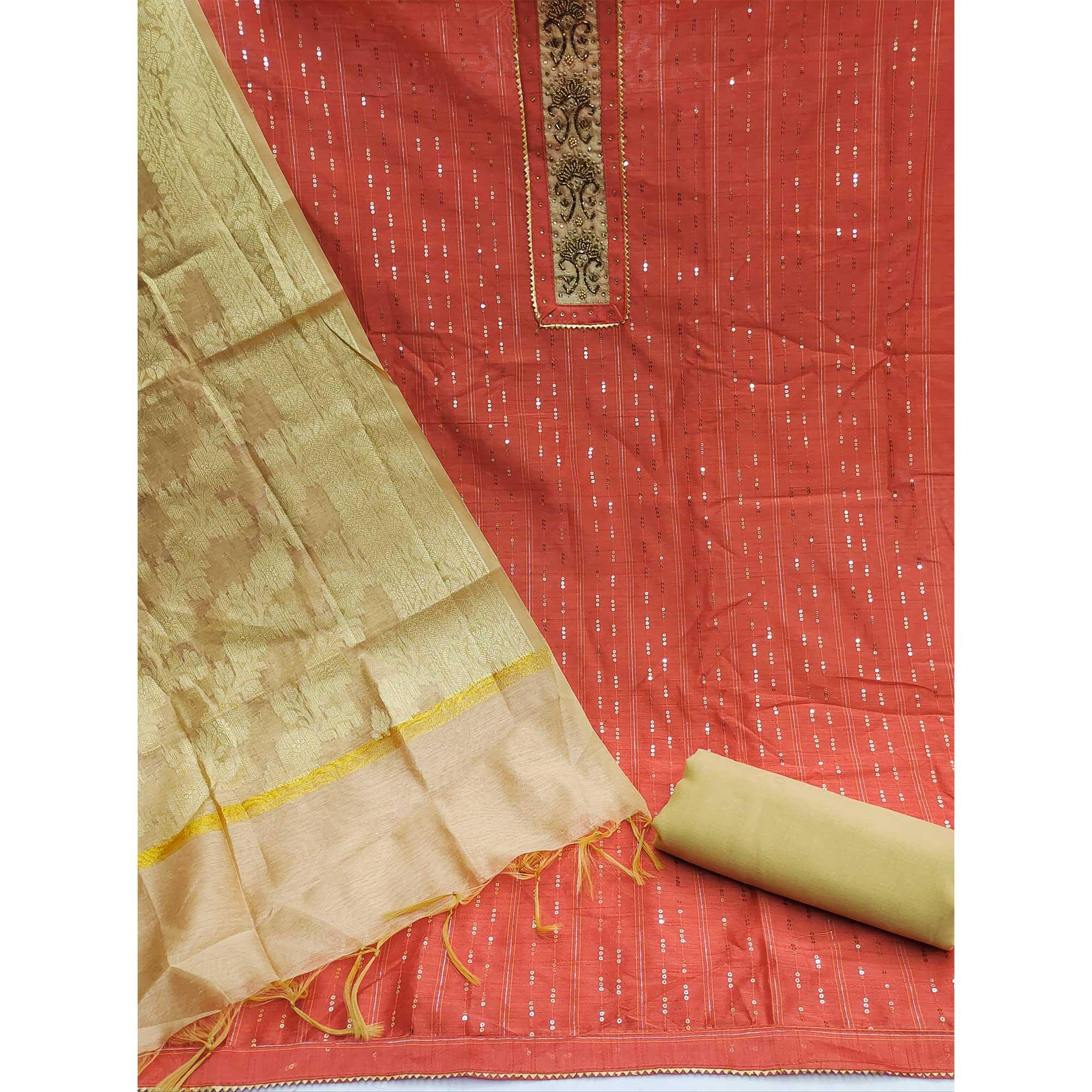 Rust Festive Wear Sequence Work Chanderi Dress Material - Peachmode