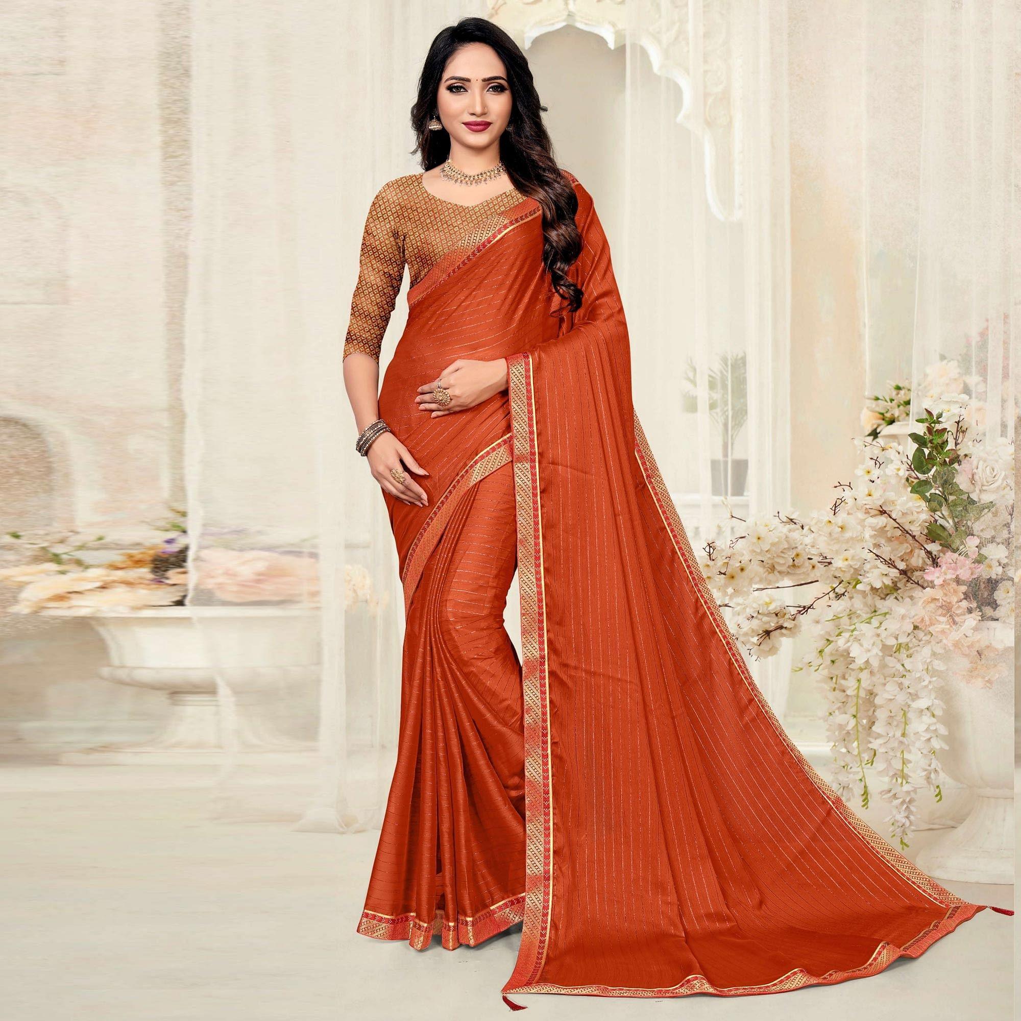 Rust Festive Wear Zari Chiffon Saree - Peachmode