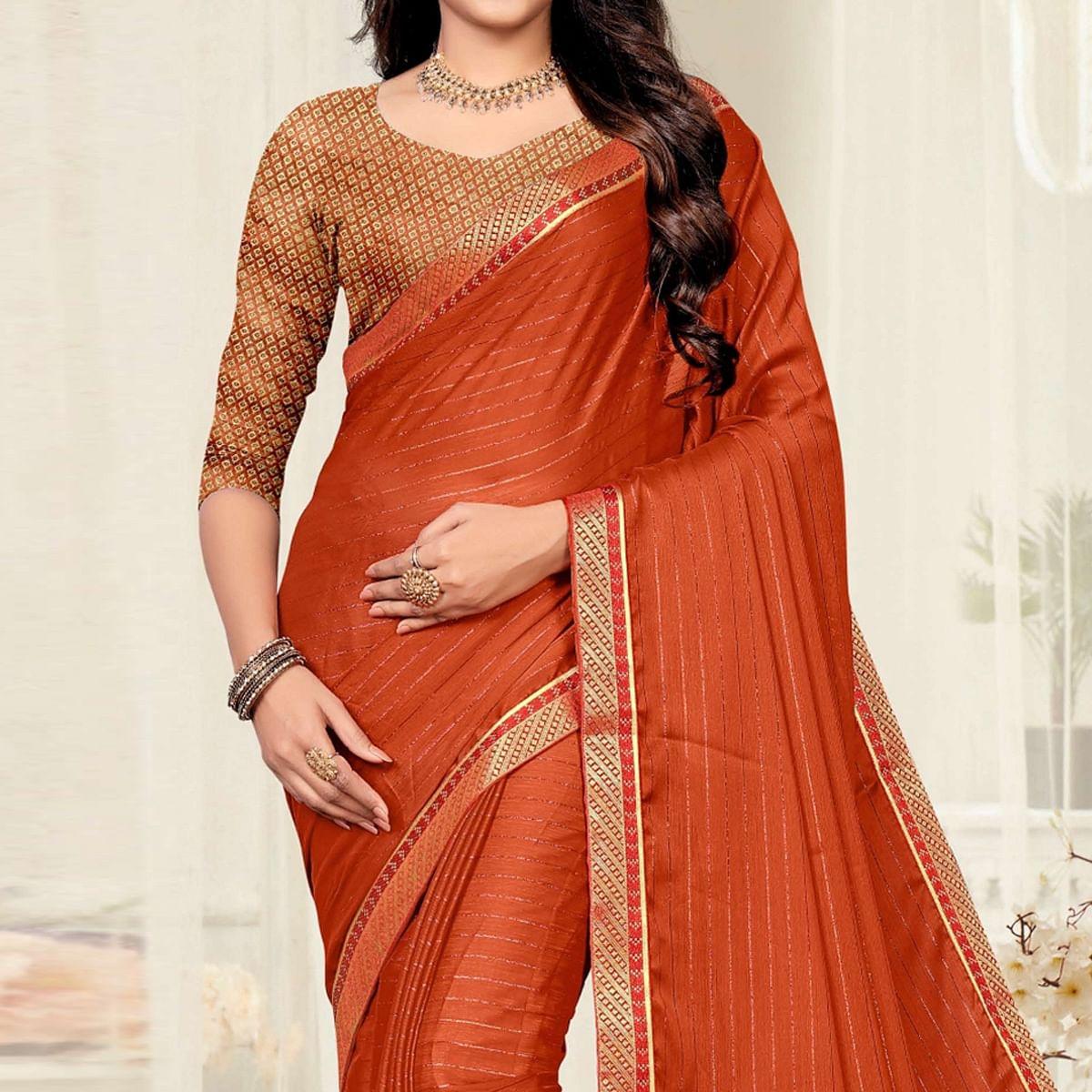 Rust Festive Wear Zari Chiffon Saree - Peachmode