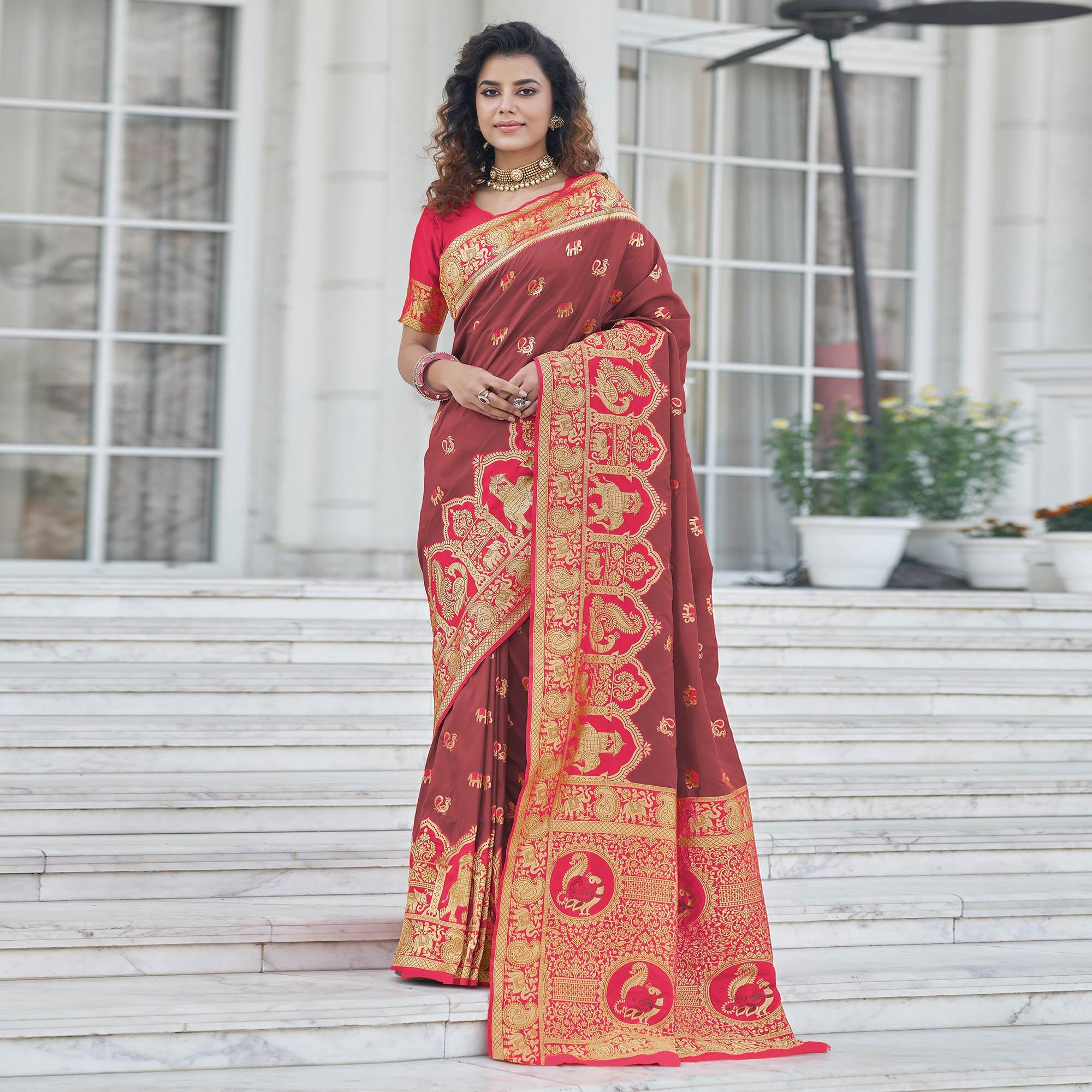 Rust Festive Wear Zari Woven Banarasi Silk Saree - Peachmode