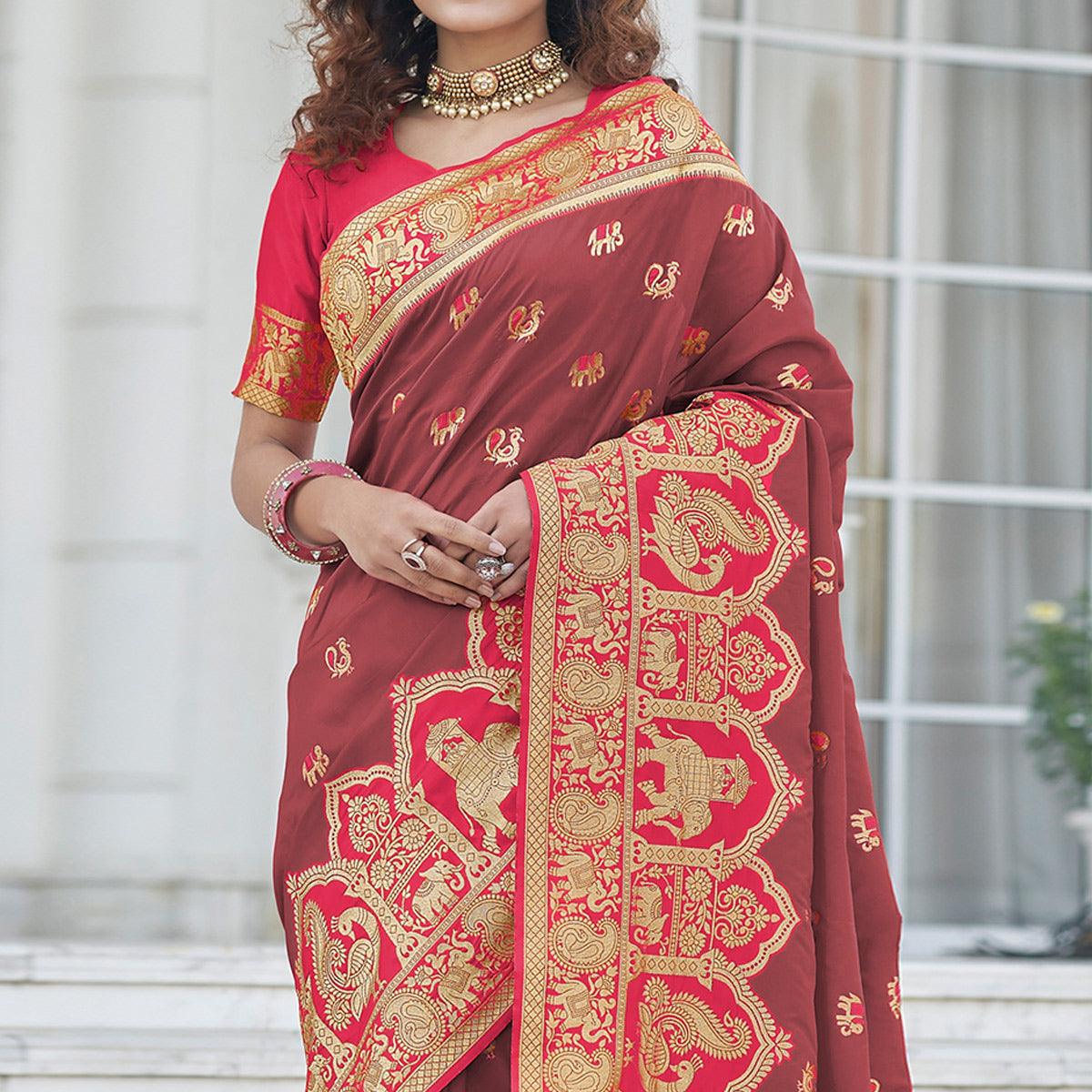 Rust Festive Wear Zari Woven Banarasi Silk Saree - Peachmode