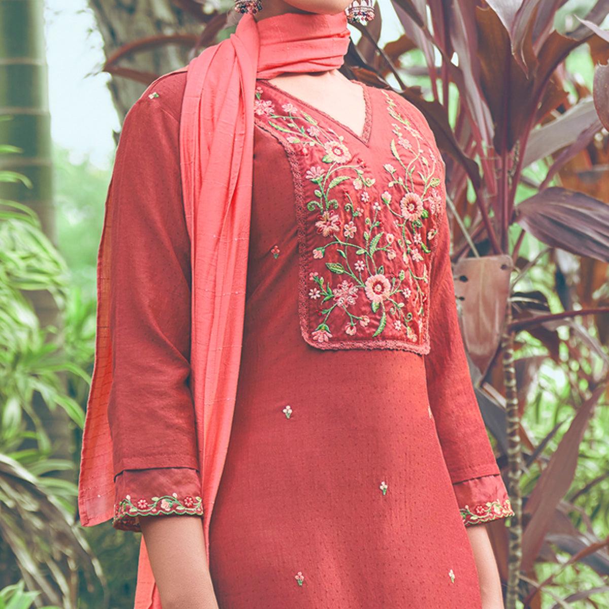 Rust Floral Embroidered Chiffon Kurti Pant Set with Dupatta - Peachmode
