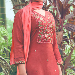 Rust Floral Embroidered Chiffon Kurti Pant Set with Dupatta - Peachmode