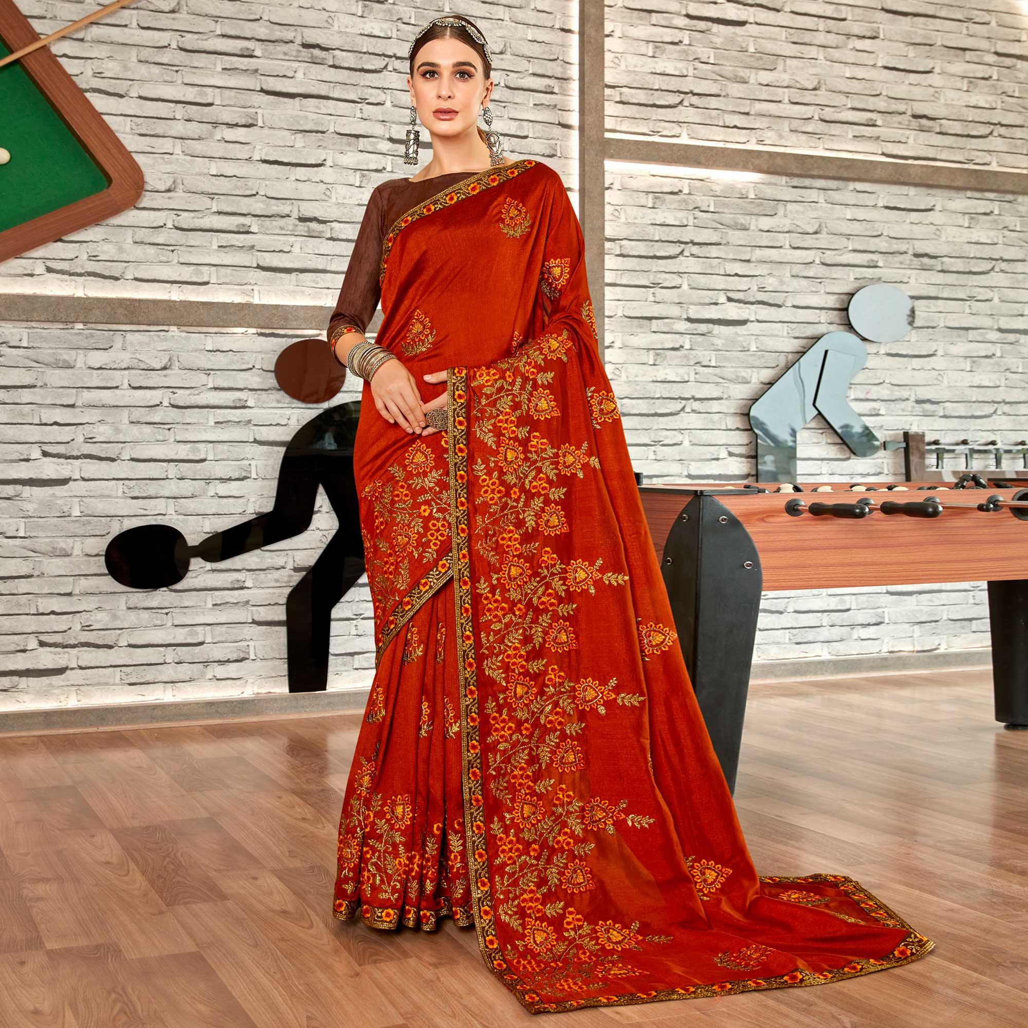 Rust Floral Embroidered Vichitra Silk Saree - Peachmode