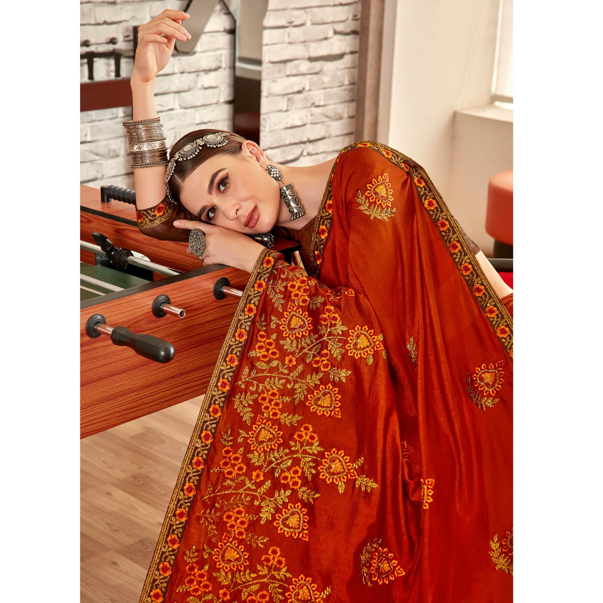 Rust Floral Embroidered Vichitra Silk Saree - Peachmode