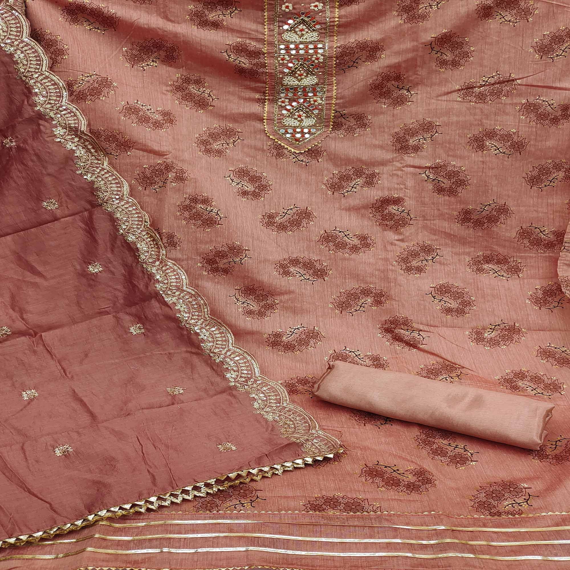 Rust Floral Printed Chanderi Dress Material - Peachmode