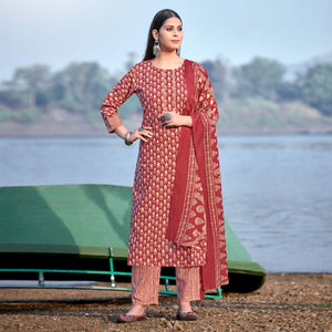 Rust Floral Printed Pure Cotton Kurti Pant Set With Dupatta - Peachmode